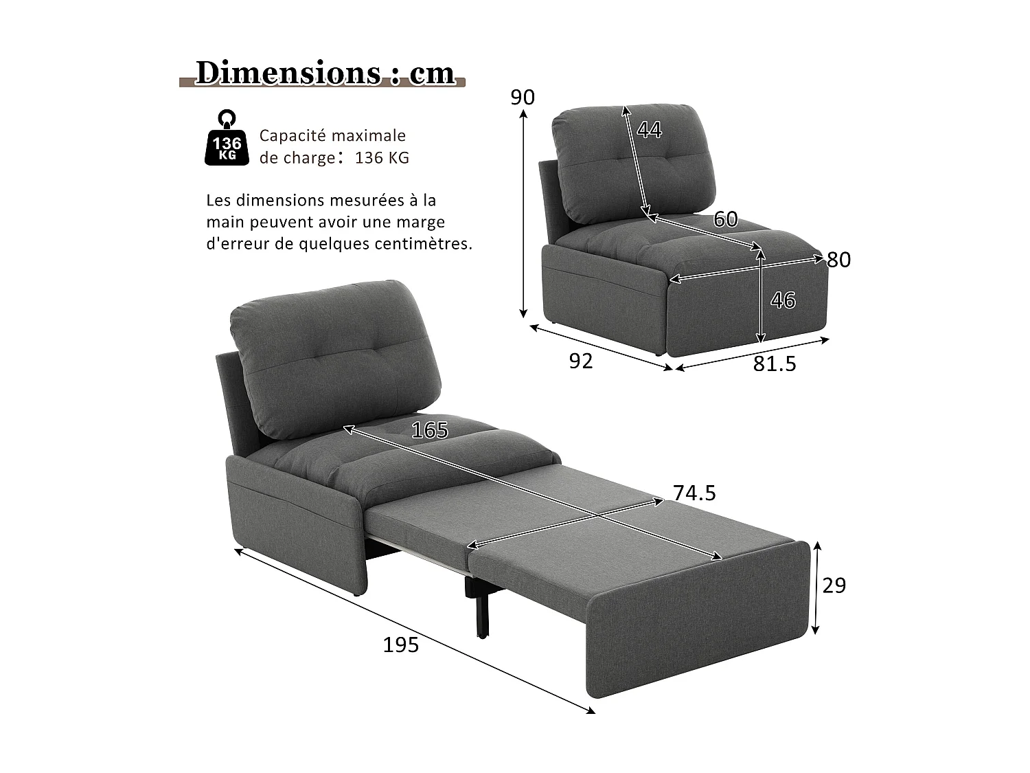 Canapé convertible moderne 2 en 1 - 195 x 81.5 x 90 cm - canapé-lit gigogne avec coussin - lin - gris