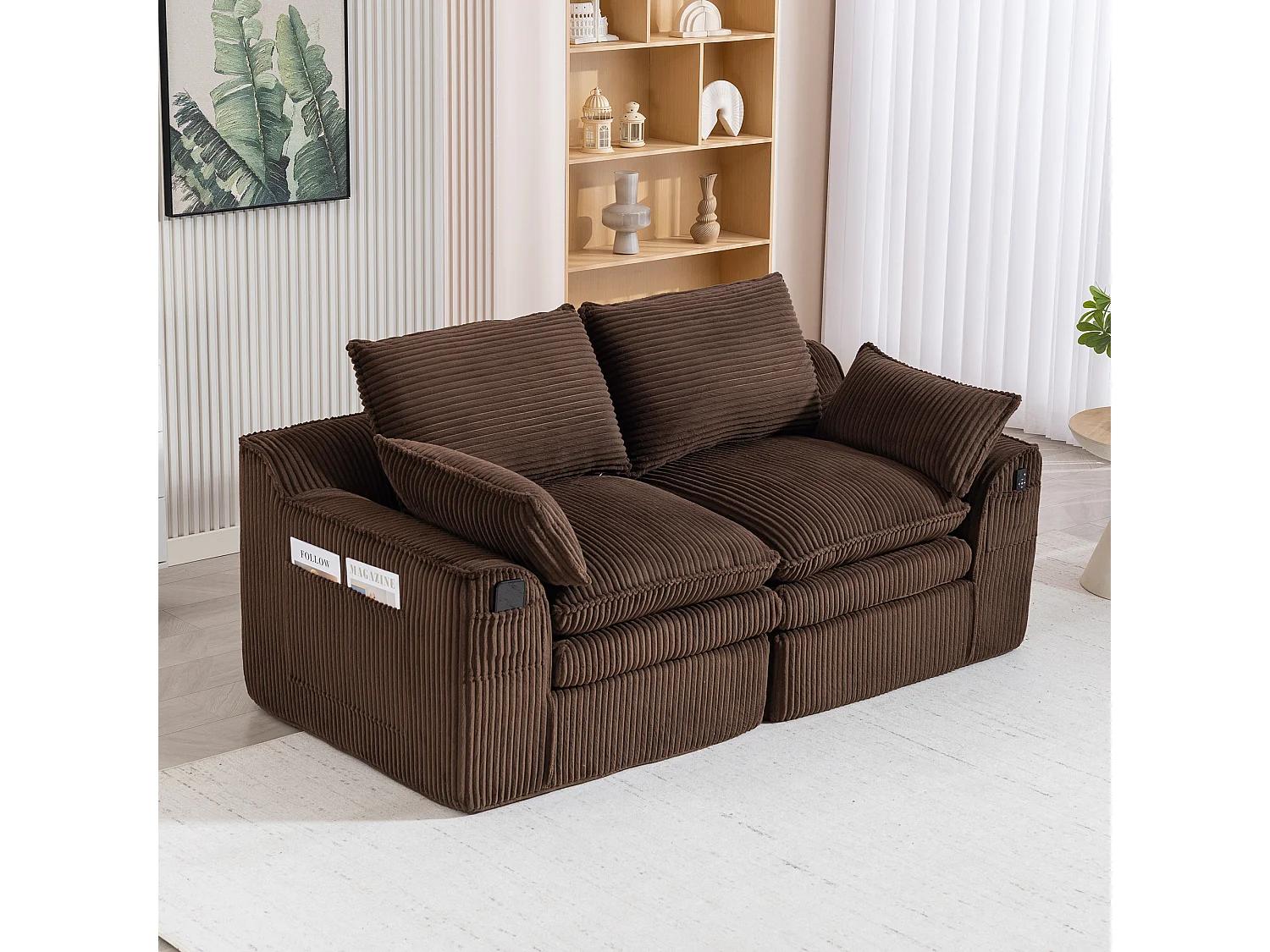 Canapé modulable 2 places en velours côtelé - 191 x 94 x 85 cm - avec 1 pouf + coussins + 2 poches - marron