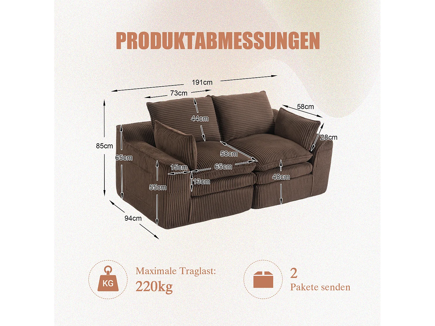 Canapé modulable 2 places en velours côtelé - 191 x 94 x 85 cm - avec 1 pouf + coussins + 2 poches - marron