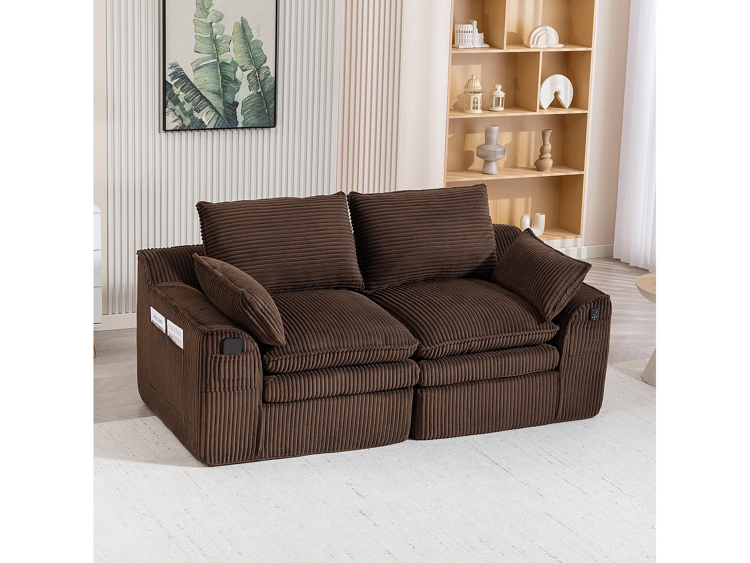 Canapé modulable 2 places en velours côtelé - 191 x 94 x 85 cm - avec 1 pouf + coussins + 2 poches - marron