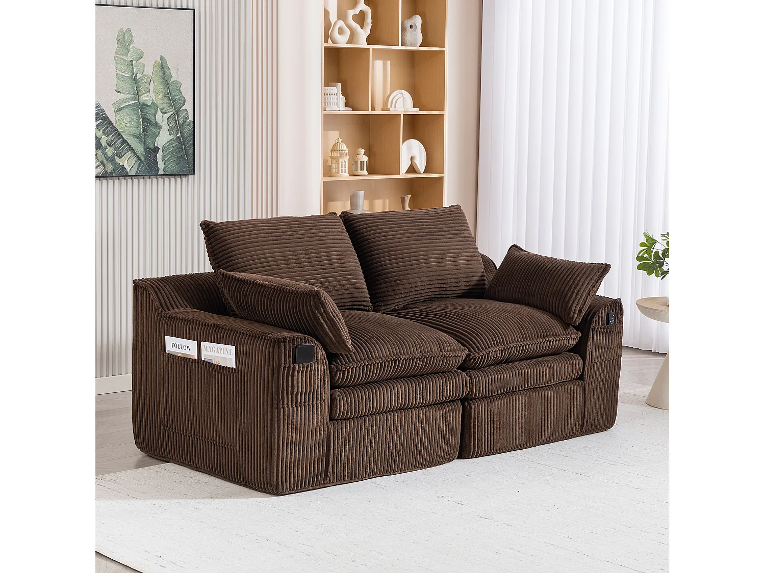 Canapé modulable 2 places en velours côtelé - 191 x 94 x 85 cm - avec 1 pouf + coussins + 2 poches - marron