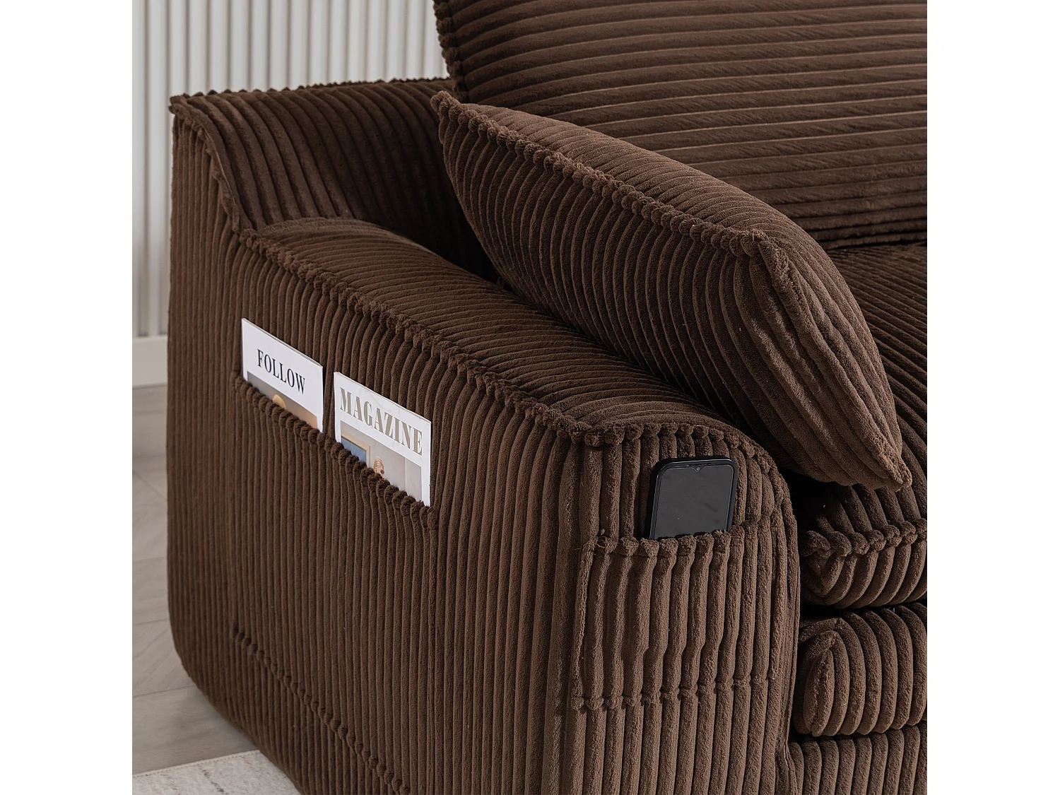 Canapé modulable 2 places en velours côtelé - 191 x 94 x 85 cm - avec 1 pouf + coussins + 2 poches - marron