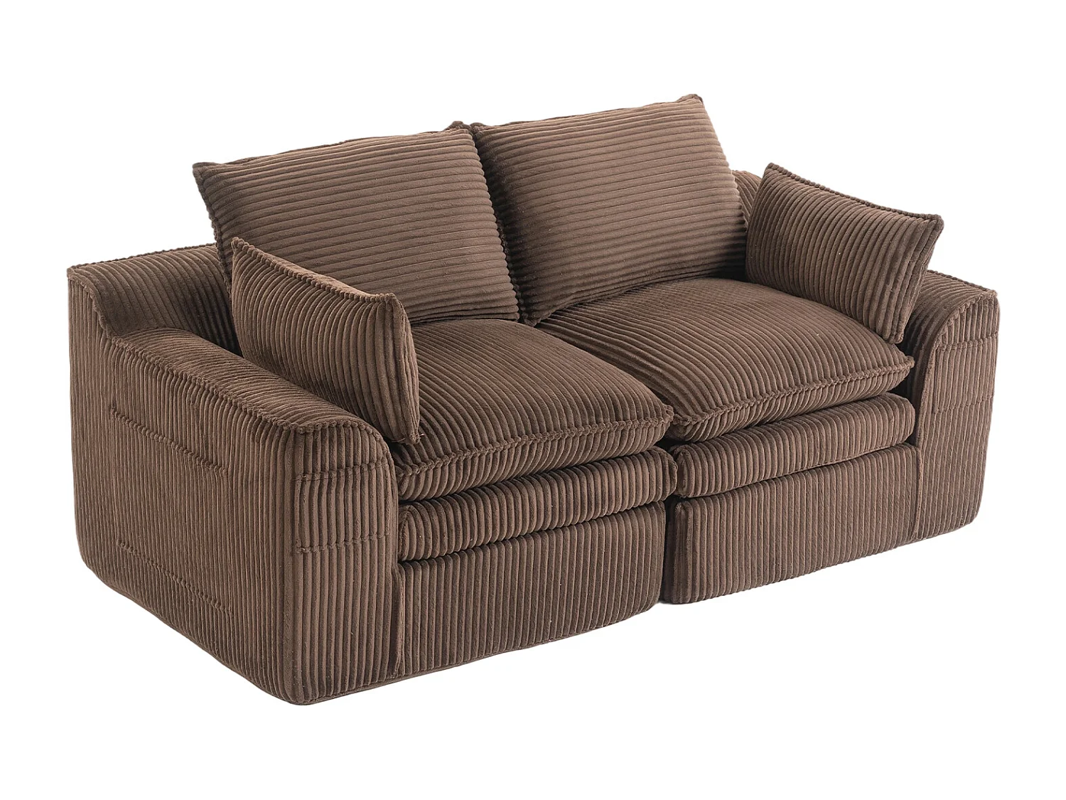 Canapé modulable 2 places en velours côtelé - 191 x 94 x 85 cm - avec 1 pouf + coussins + 2 poches - marron