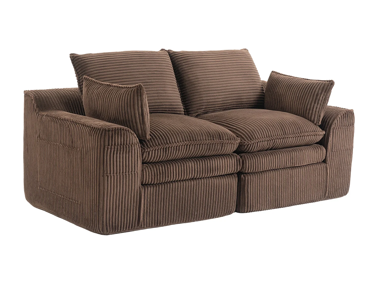 Canapé modulable 2 places en velours côtelé - 191 x 94 x 85 cm - avec 1 pouf + coussins + 2 poches - marron