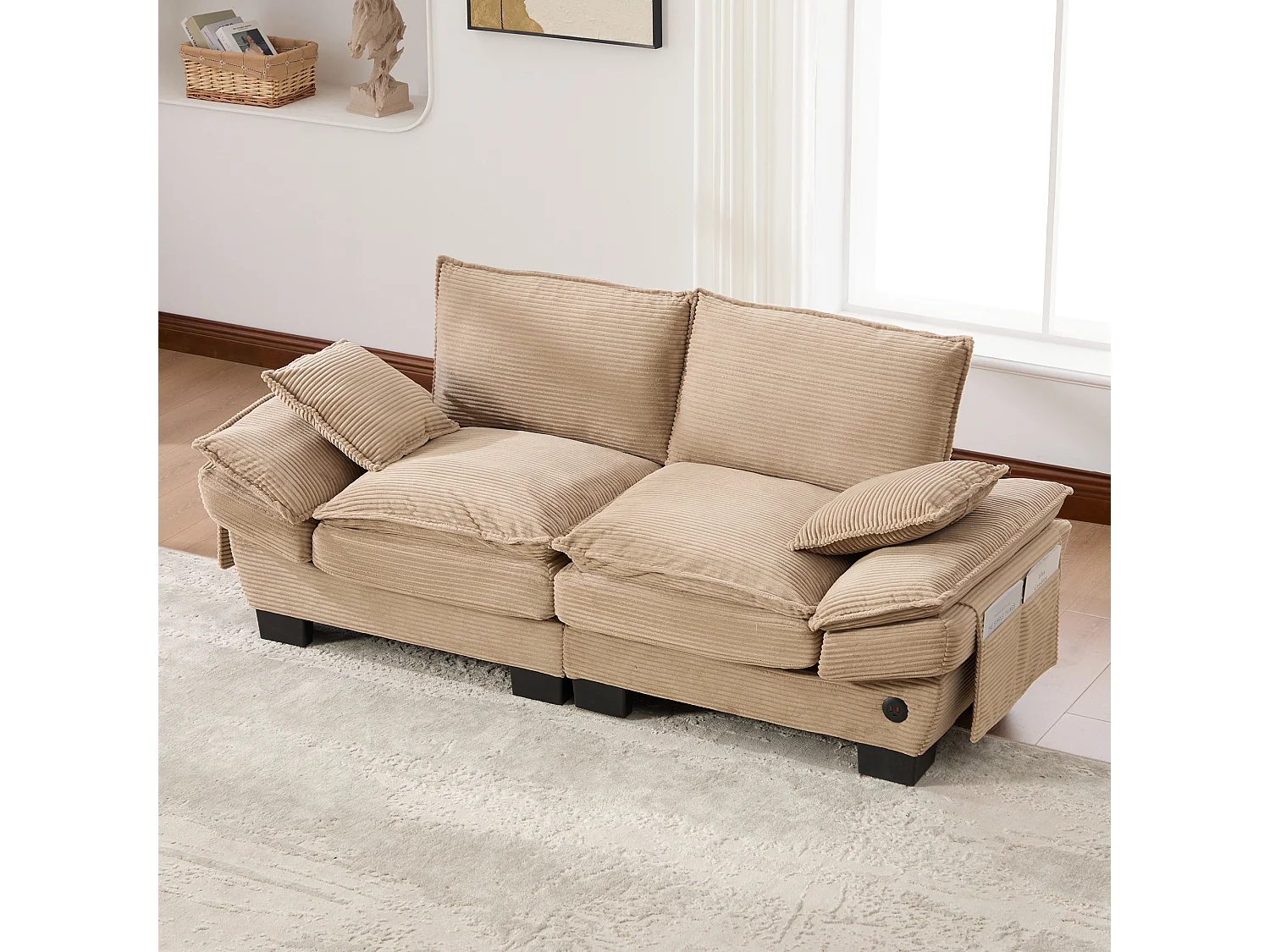 Sofá de 2 lugares em veludo cotelê - 190 x 73 x 84 cm - com porta USB e bolsos - estofamento em espuma - cor cáqui