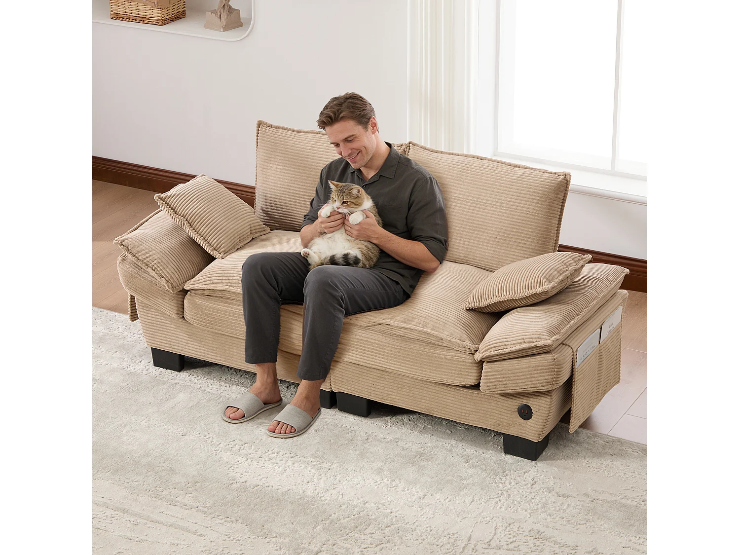 Sofá de 2 lugares em veludo cotelê - 190 x 73 x 84 cm - com porta USB e bolsos - estofamento em espuma - cor cáqui