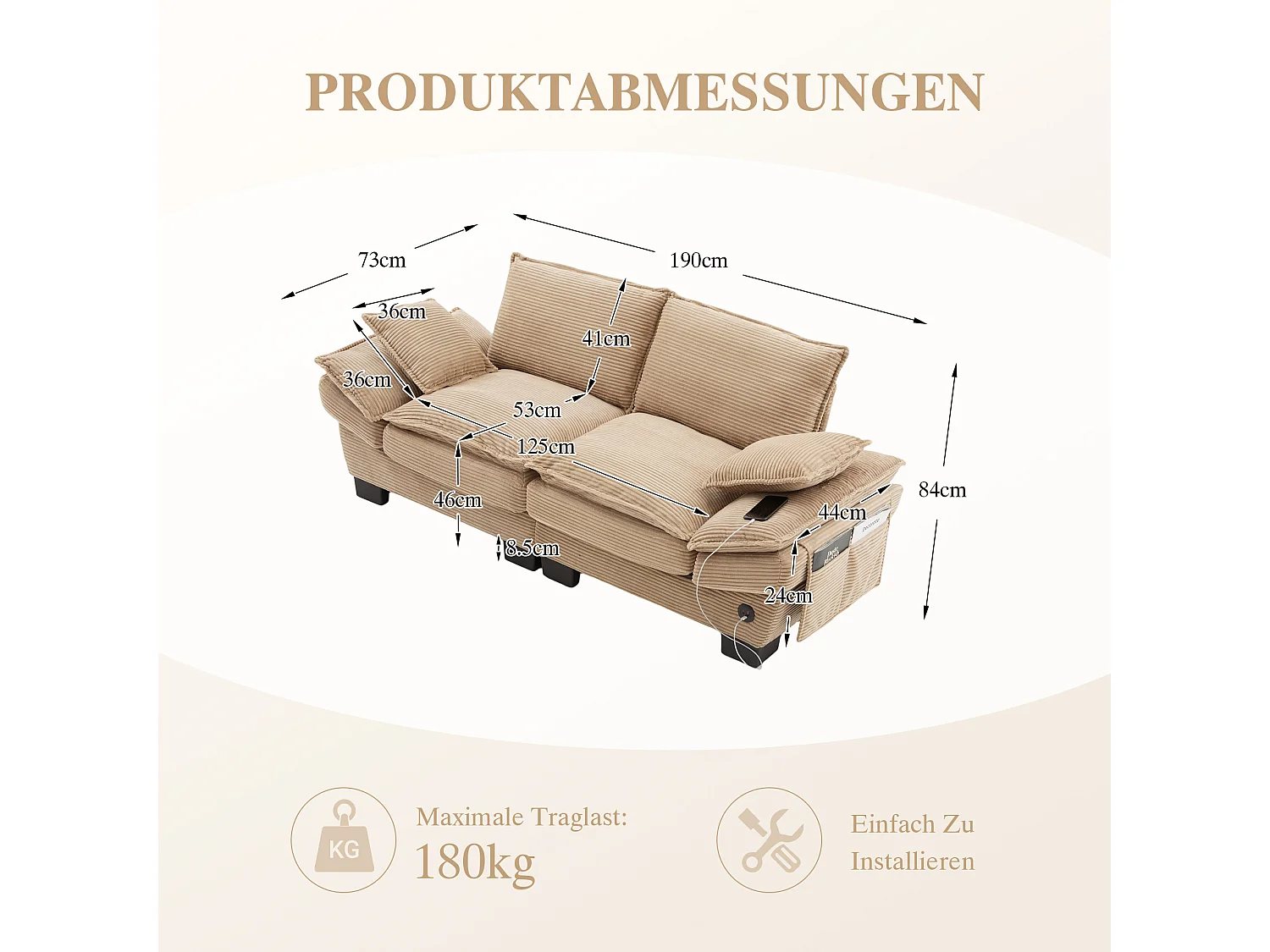 Sofá de 2 lugares em veludo cotelê - 190 x 73 x 84 cm - com porta USB e bolsos - estofamento em espuma - cor cáqui