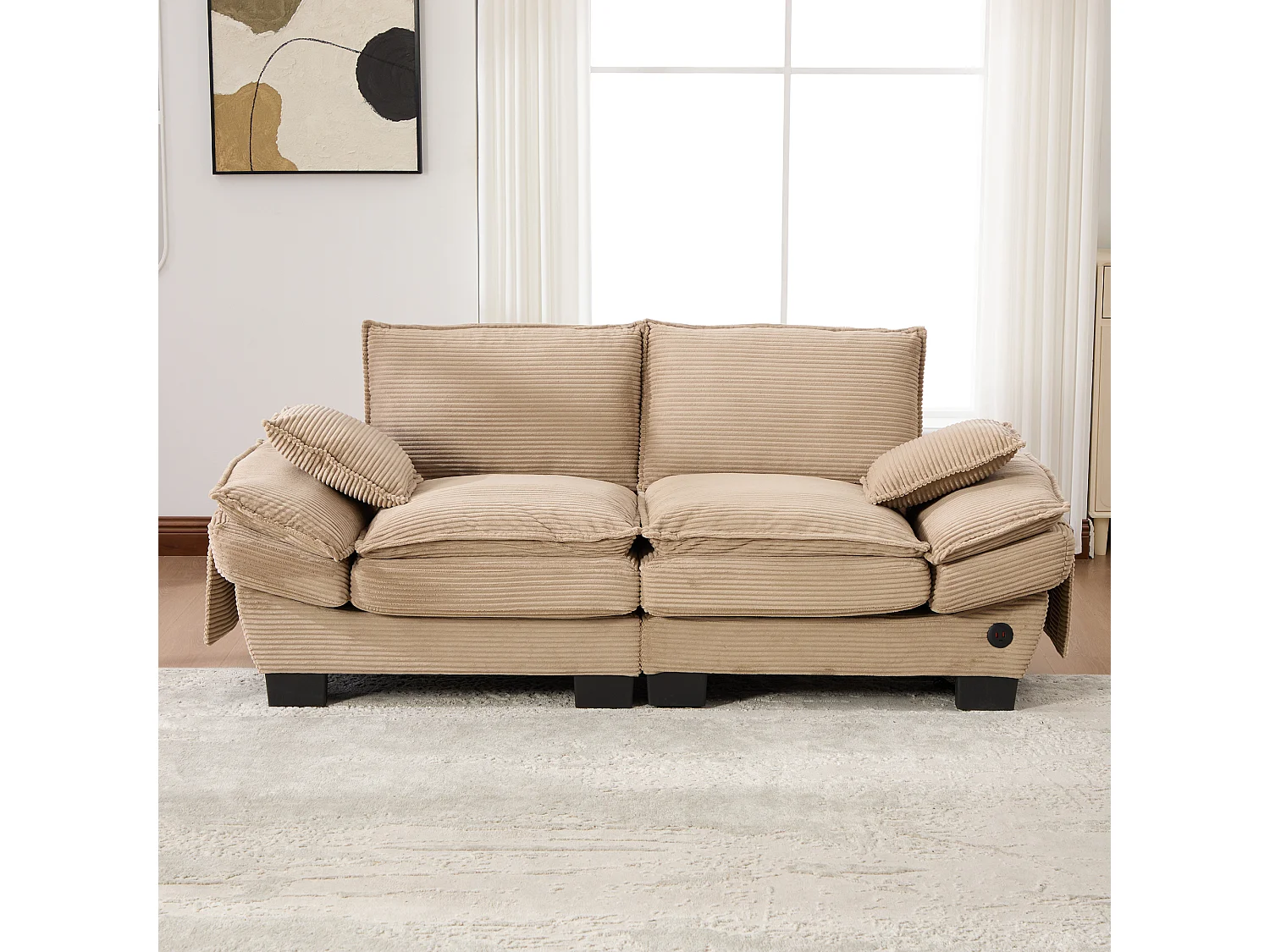 Sofá de 2 lugares em veludo cotelê - 190 x 73 x 84 cm - com porta USB e bolsos - estofamento em espuma - cor cáqui