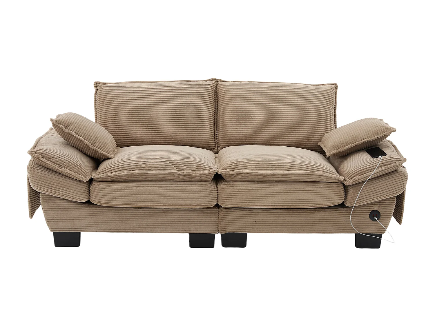 Sofá de 2 lugares em veludo cotelê - 190 x 73 x 84 cm - com porta USB e bolsos - estofamento em espuma - cor cáqui