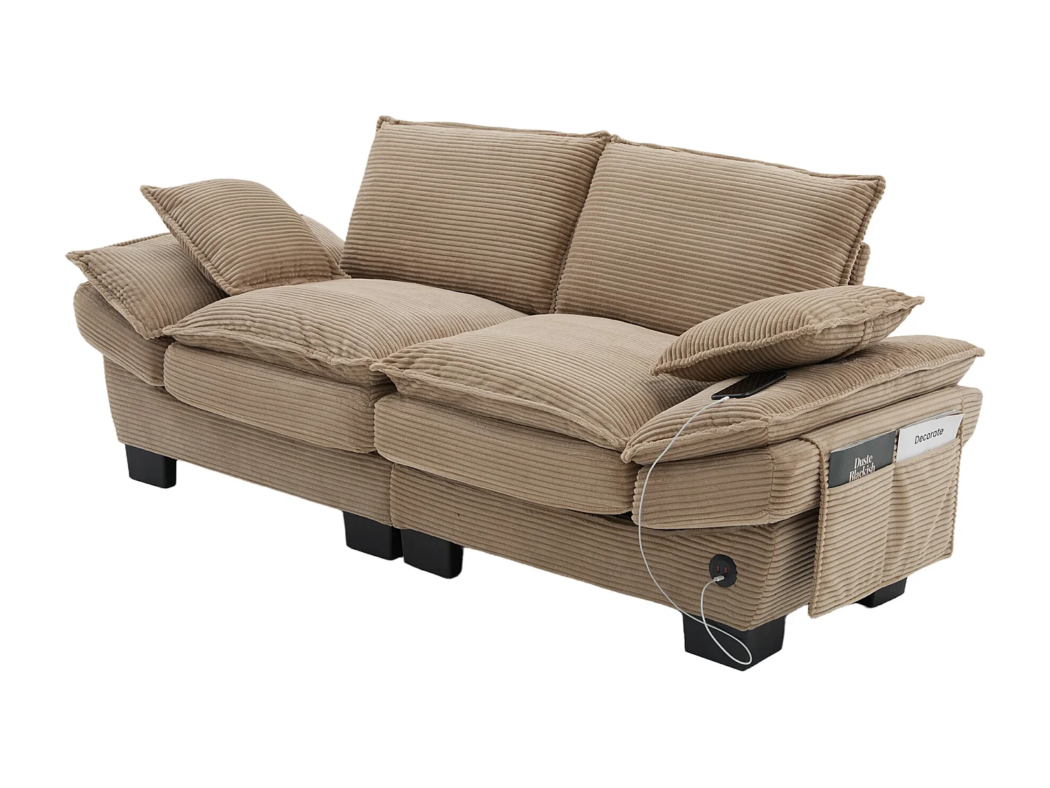 Sofá de 2 lugares em veludo cotelê - 190 x 73 x 84 cm - com porta USB e bolsos - estofamento em espuma - cor cáqui