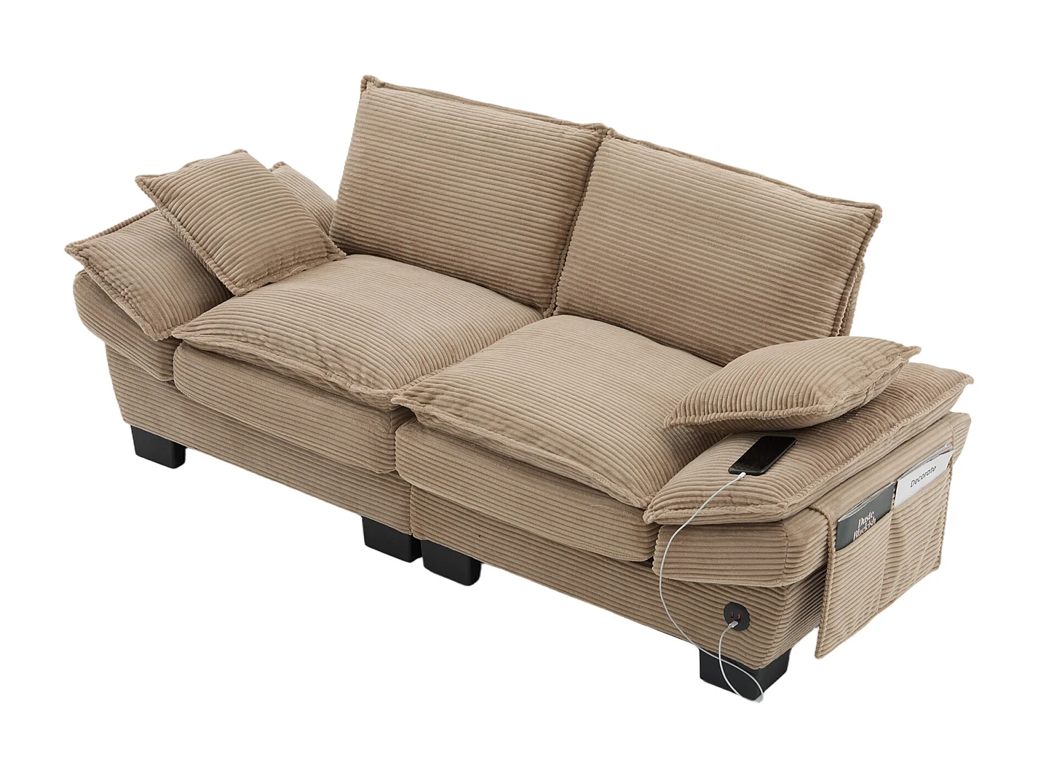 Sofá de 2 lugares em veludo cotelê - 190 x 73 x 84 cm - com porta USB e bolsos - estofamento em espuma - cor cáqui