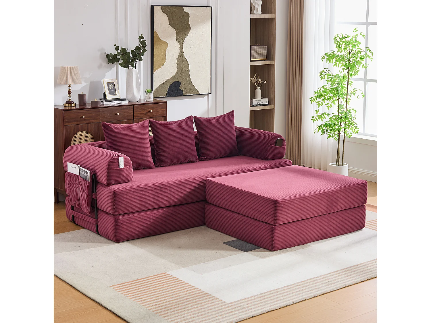 Sofa modułowa 3-osobowa - 200 x 190 x 67 cm - z 3 poduszkami + kieszeń boczna - sztruks - kolor czerwony