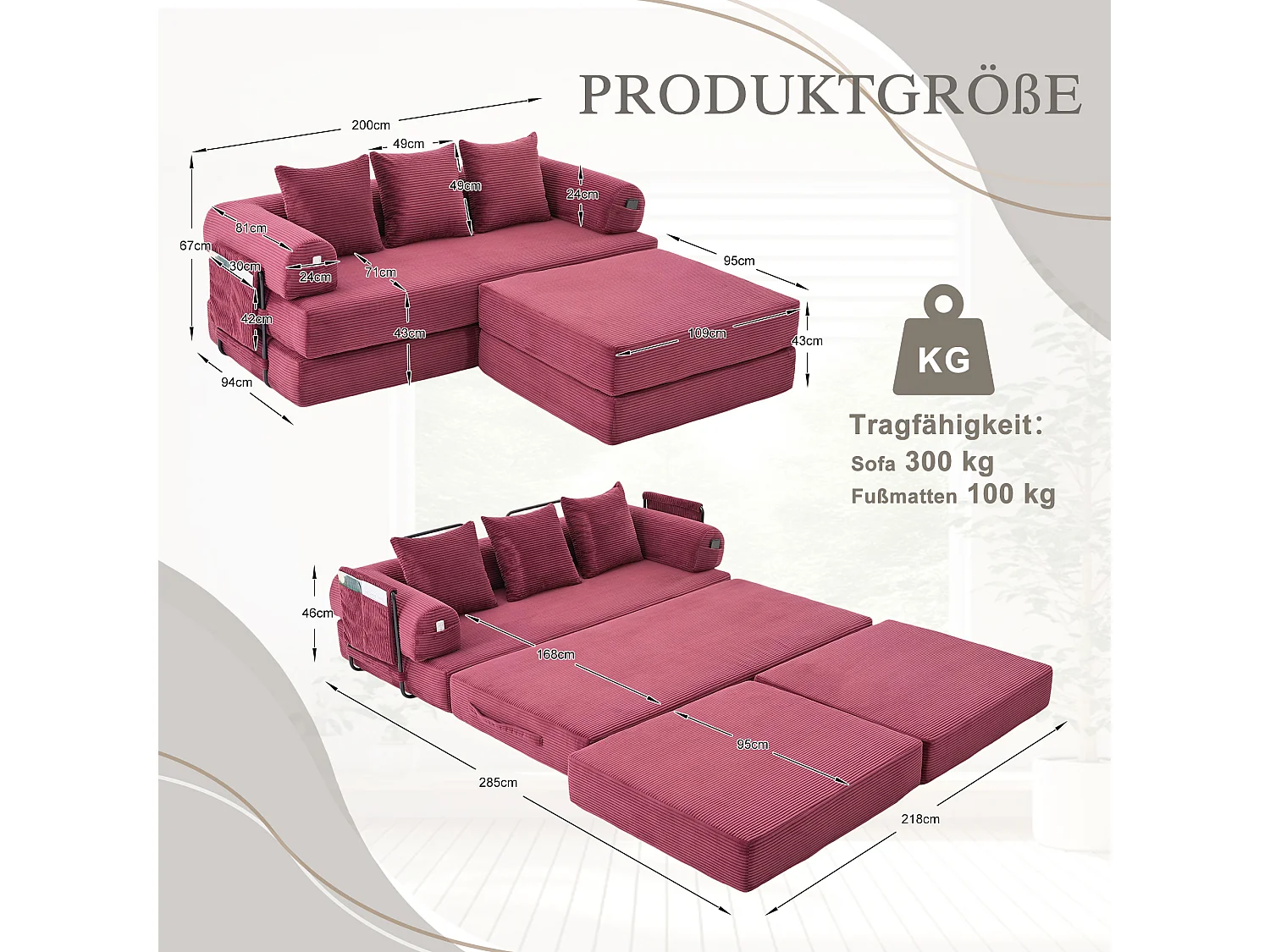 Sofa modułowa 3-osobowa - 200 x 190 x 67 cm - z 3 poduszkami + kieszeń boczna - sztruks - kolor czerwony