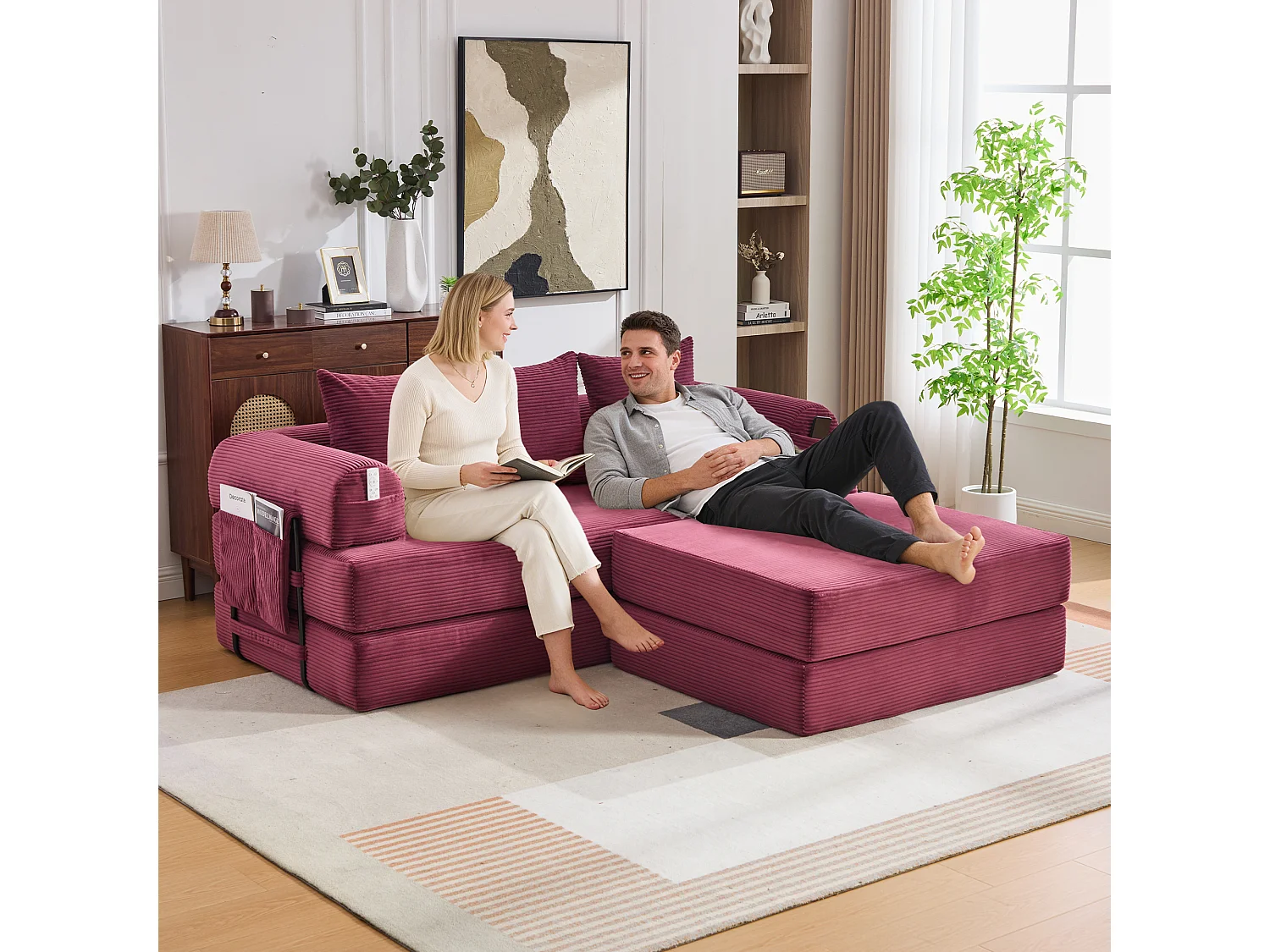 Sofa modułowa 3-osobowa - 200 x 190 x 67 cm - z 3 poduszkami + kieszeń boczna - sztruks - kolor czerwony