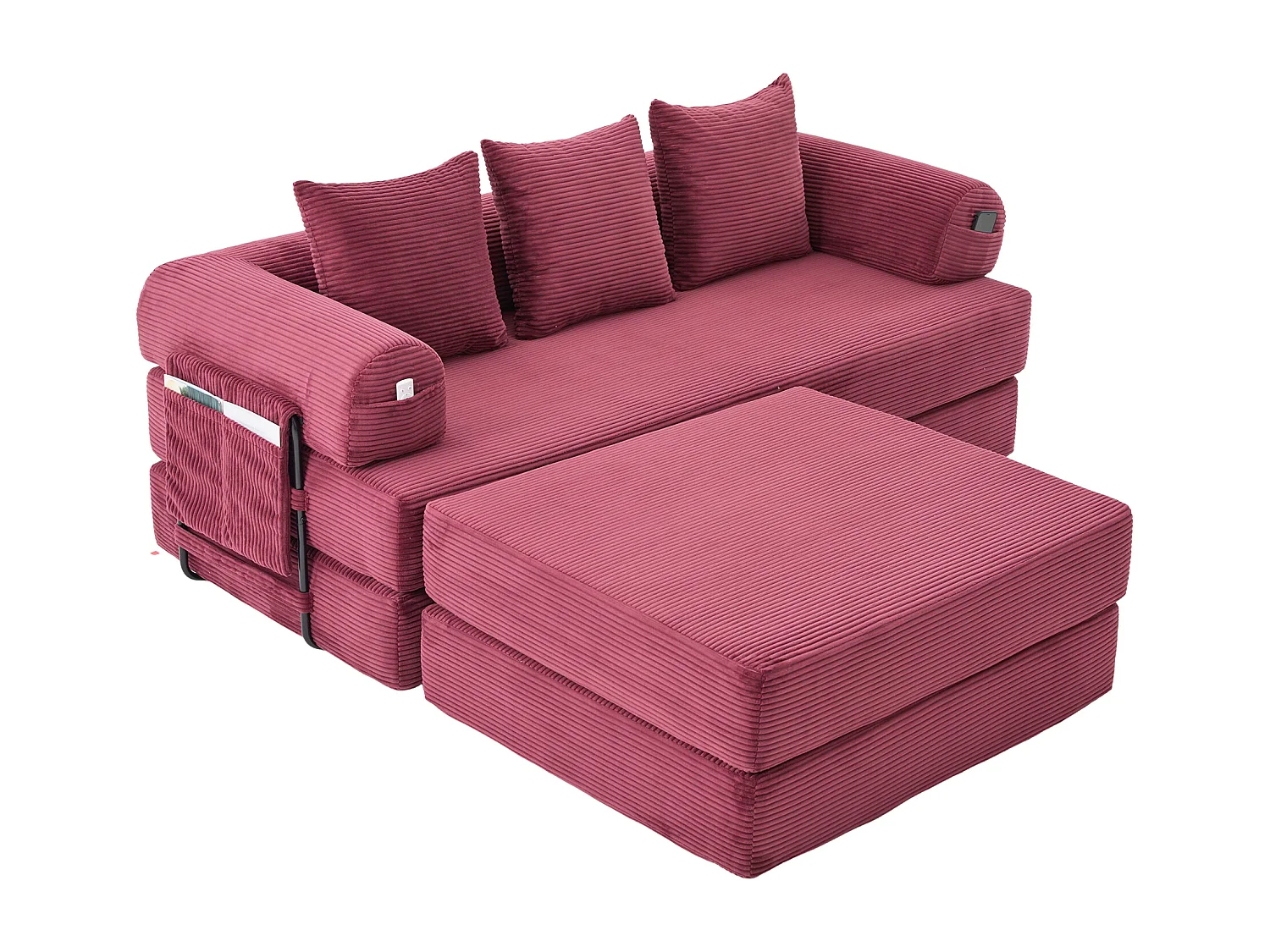 Sofa modułowa 3-osobowa - 200 x 190 x 67 cm - z 3 poduszkami + kieszeń boczna - sztruks - kolor czerwony