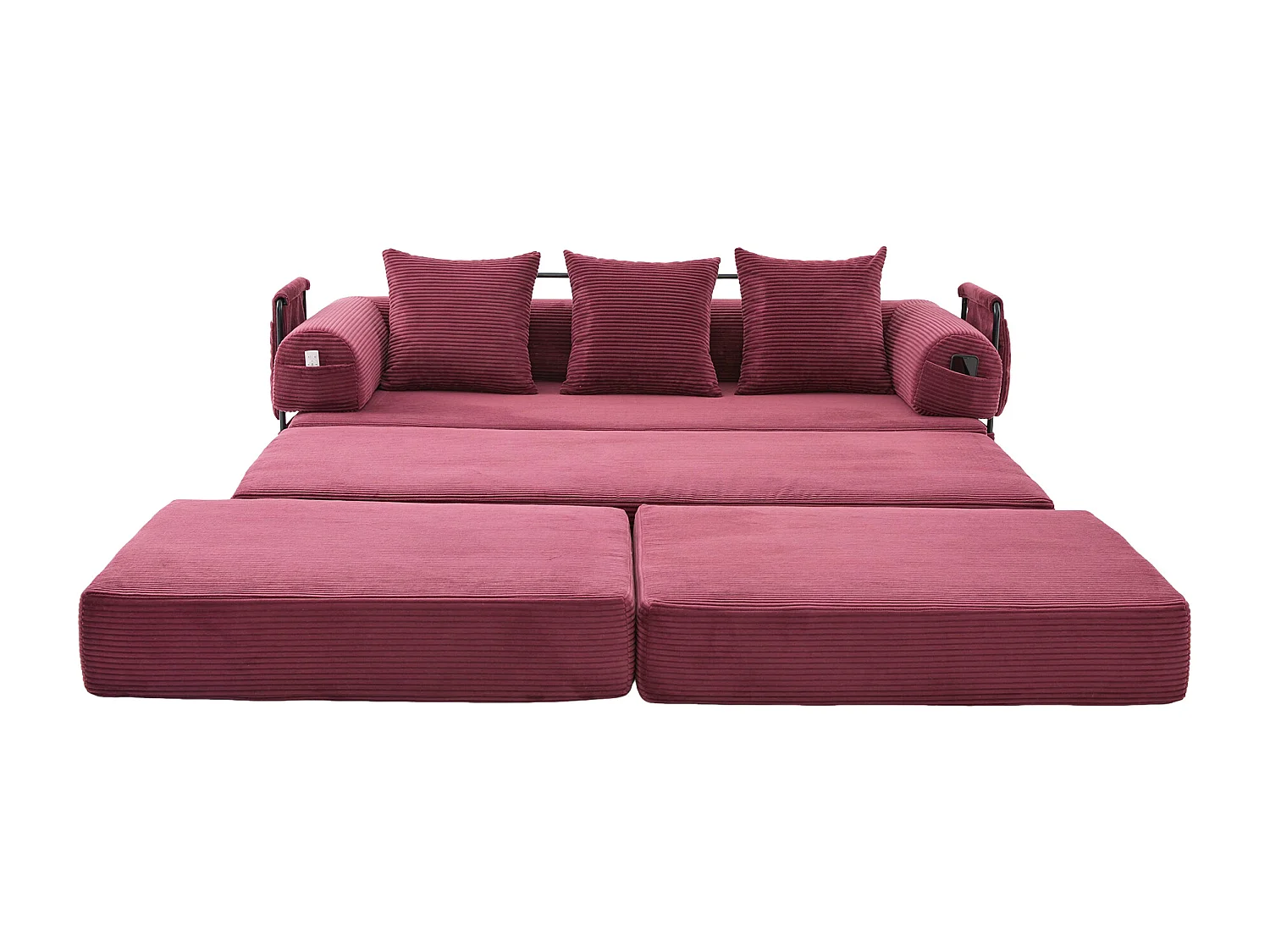 Sofa modułowa 3-osobowa - 200 x 190 x 67 cm - z 3 poduszkami + kieszeń boczna - sztruks - kolor czerwony