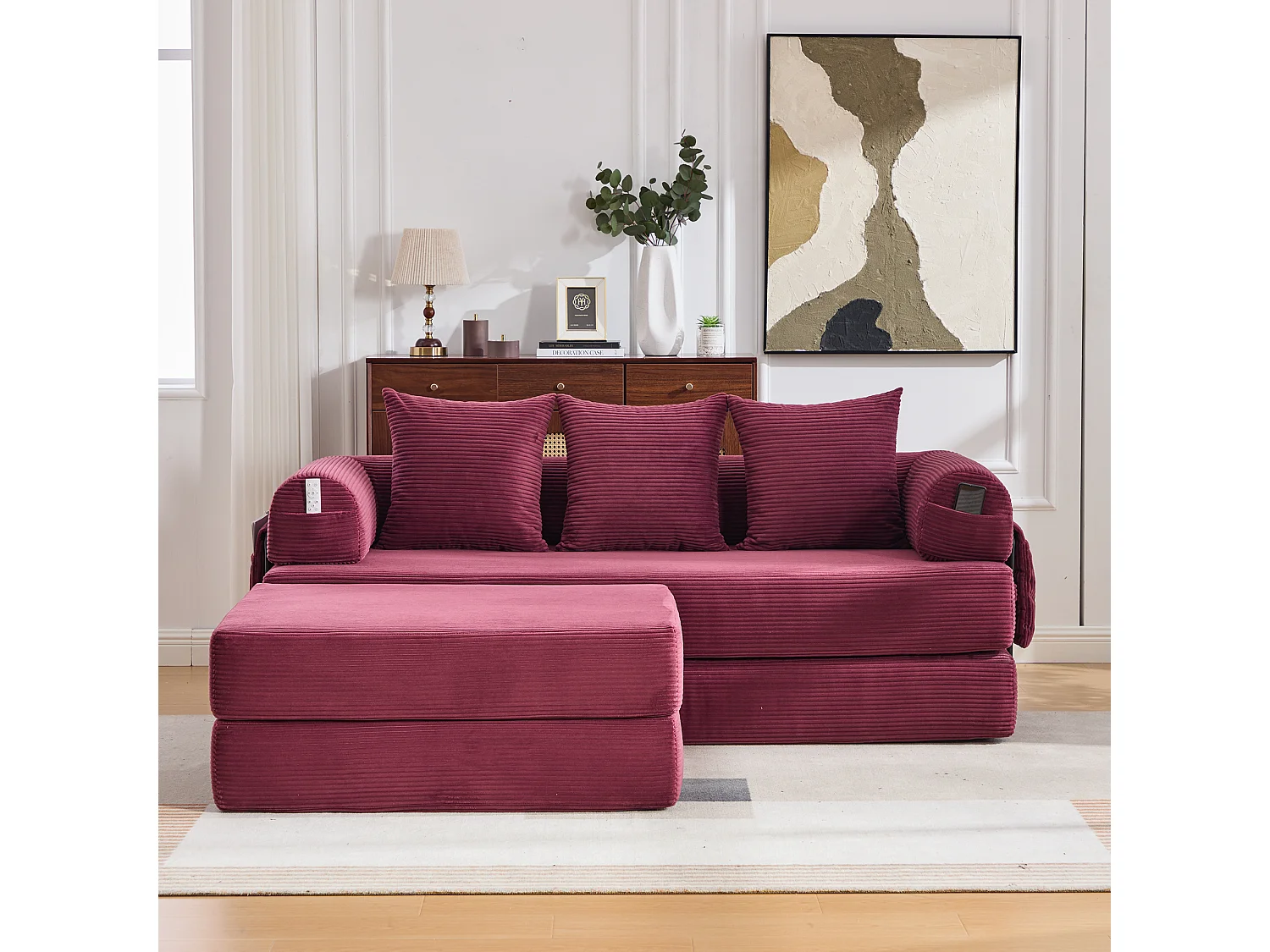 Sofa modułowa 3-osobowa - 200 x 190 x 67 cm - z 3 poduszkami + kieszeń boczna - sztruks - kolor czerwony