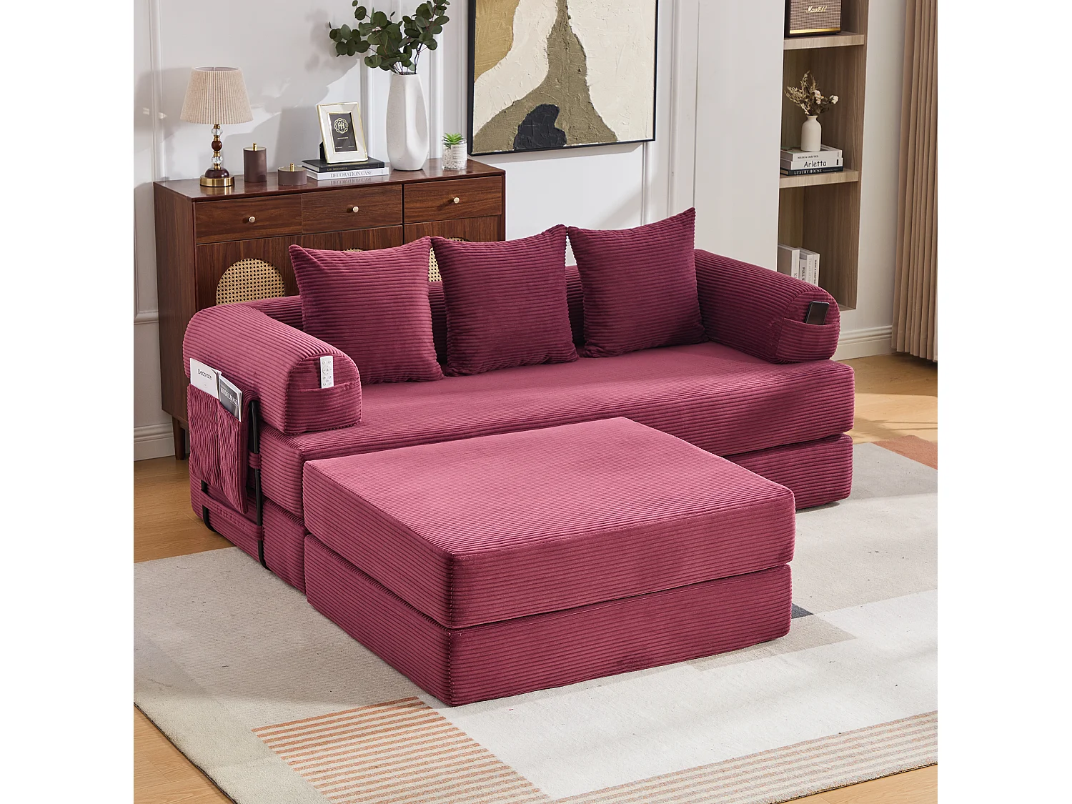 Sofa modułowa 3-osobowa - 200 x 190 x 67 cm - z 3 poduszkami + kieszeń boczna - sztruks - kolor czerwony
