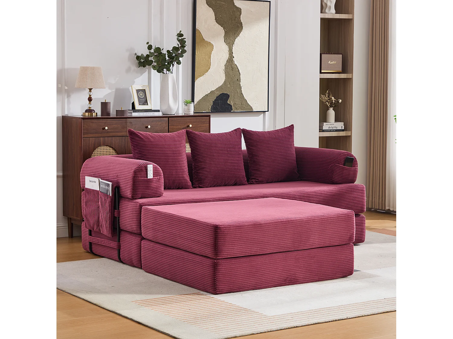 Sofa modułowa 3-osobowa - 200 x 190 x 67 cm - z 3 poduszkami + kieszeń boczna - sztruks - kolor czerwony