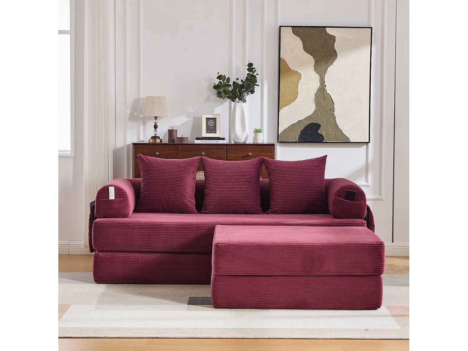 Sofa modułowa 3-osobowa - 200 x 190 x 67 cm - z 3 poduszkami + kieszeń boczna - sztruks - kolor czerwony