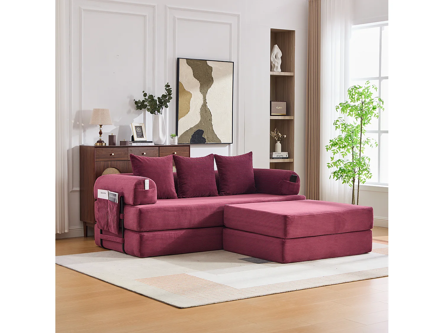 Sofa modułowa 3-osobowa - 200 x 190 x 67 cm - z 3 poduszkami + kieszeń boczna - sztruks - kolor czerwony