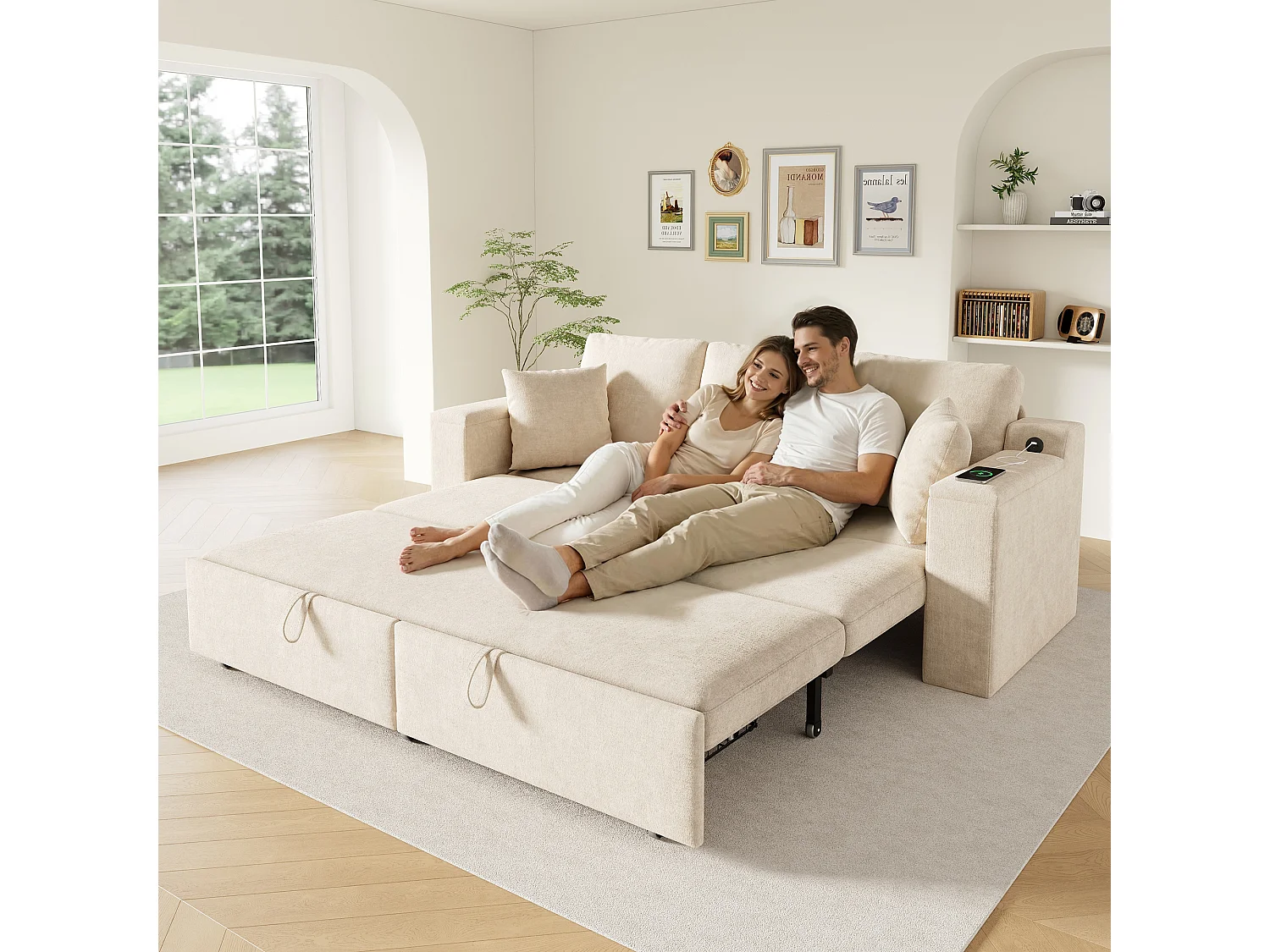 Sofá conversível de 3 lugares - 210,5 x 192 x 93 cm - com espaço de armazenamento + porta USB - estrutura metálica extensível - veludo - bege