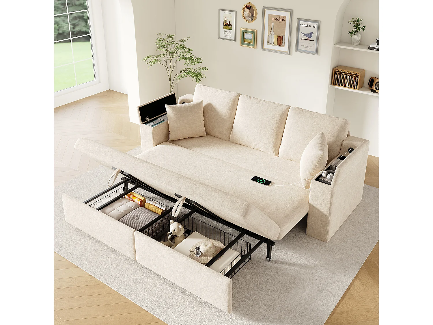 Sofá conversível de 3 lugares - 210,5 x 192 x 93 cm - com espaço de armazenamento + porta USB - estrutura metálica extensível - veludo - bege