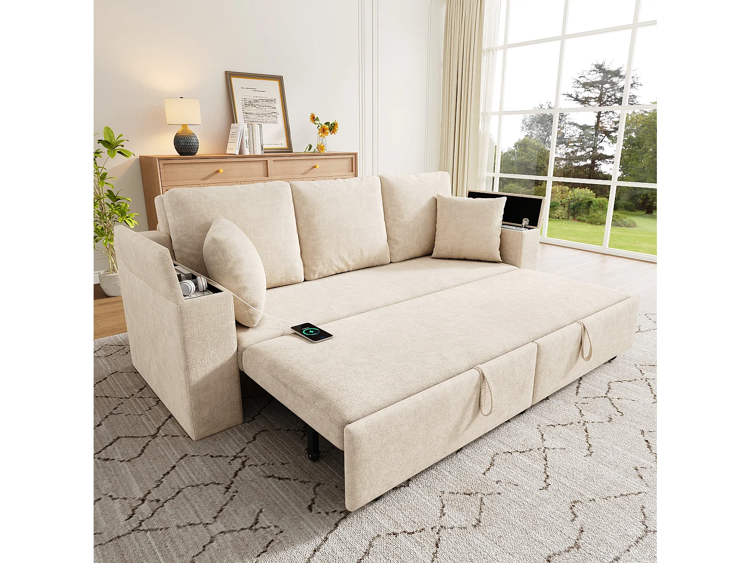 Sofá conversível de 3 lugares - 210,5 x 192 x 93 cm - com espaço de armazenamento + porta USB - estrutura metálica extensível - veludo - bege