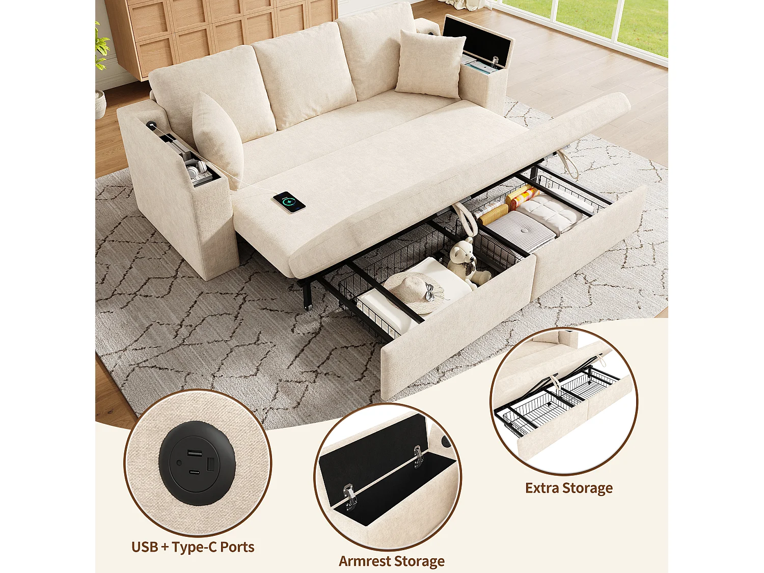 Sofá conversível de 3 lugares - 210,5 x 192 x 93 cm - com espaço de armazenamento + porta USB - estrutura metálica extensível - veludo - bege