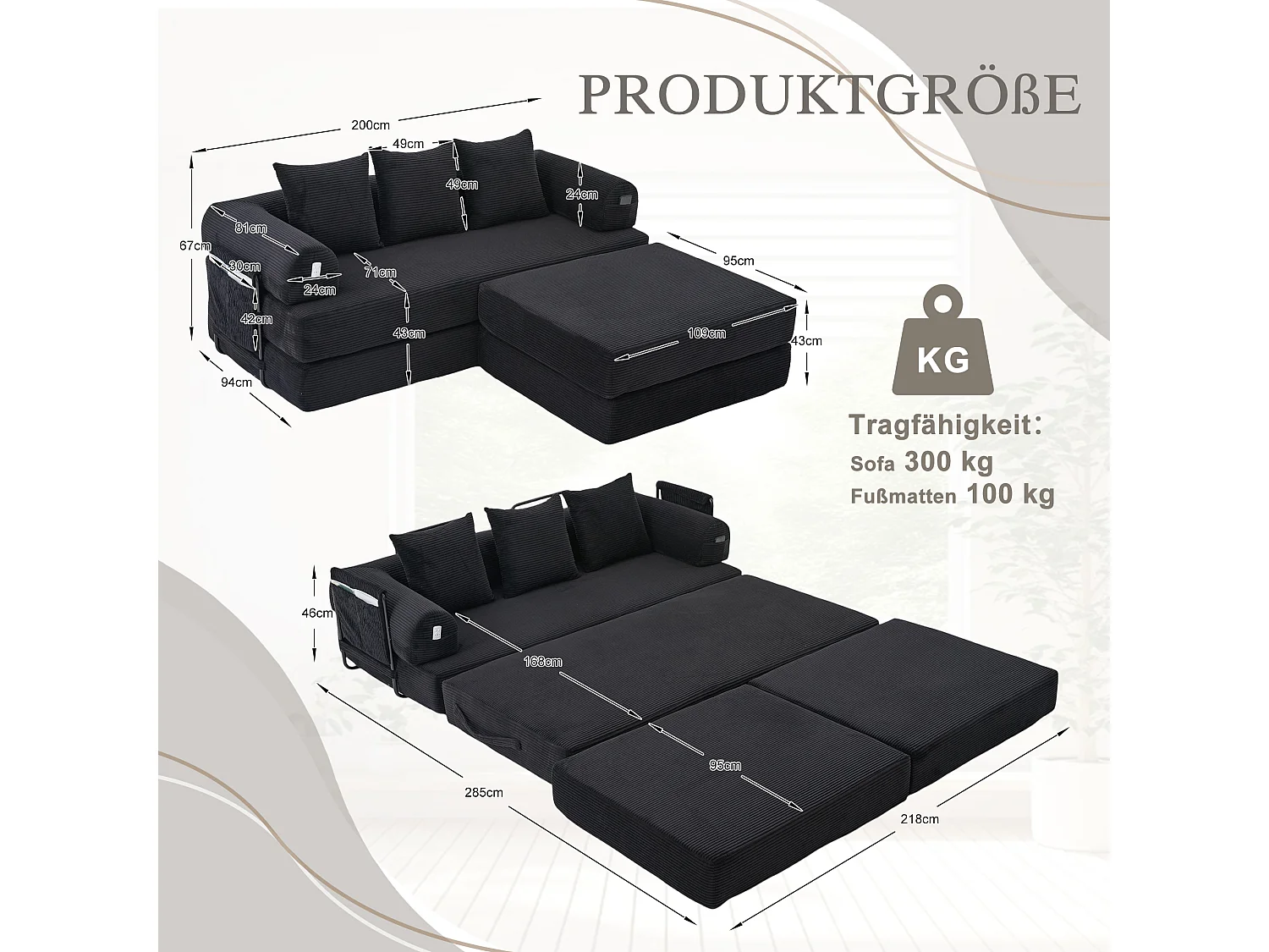 Modulares 3-Sitzer-Sofa – 200 x 190 x 67 cm – mit 3 Kissen + Seitentasche – Cord – schwarz
