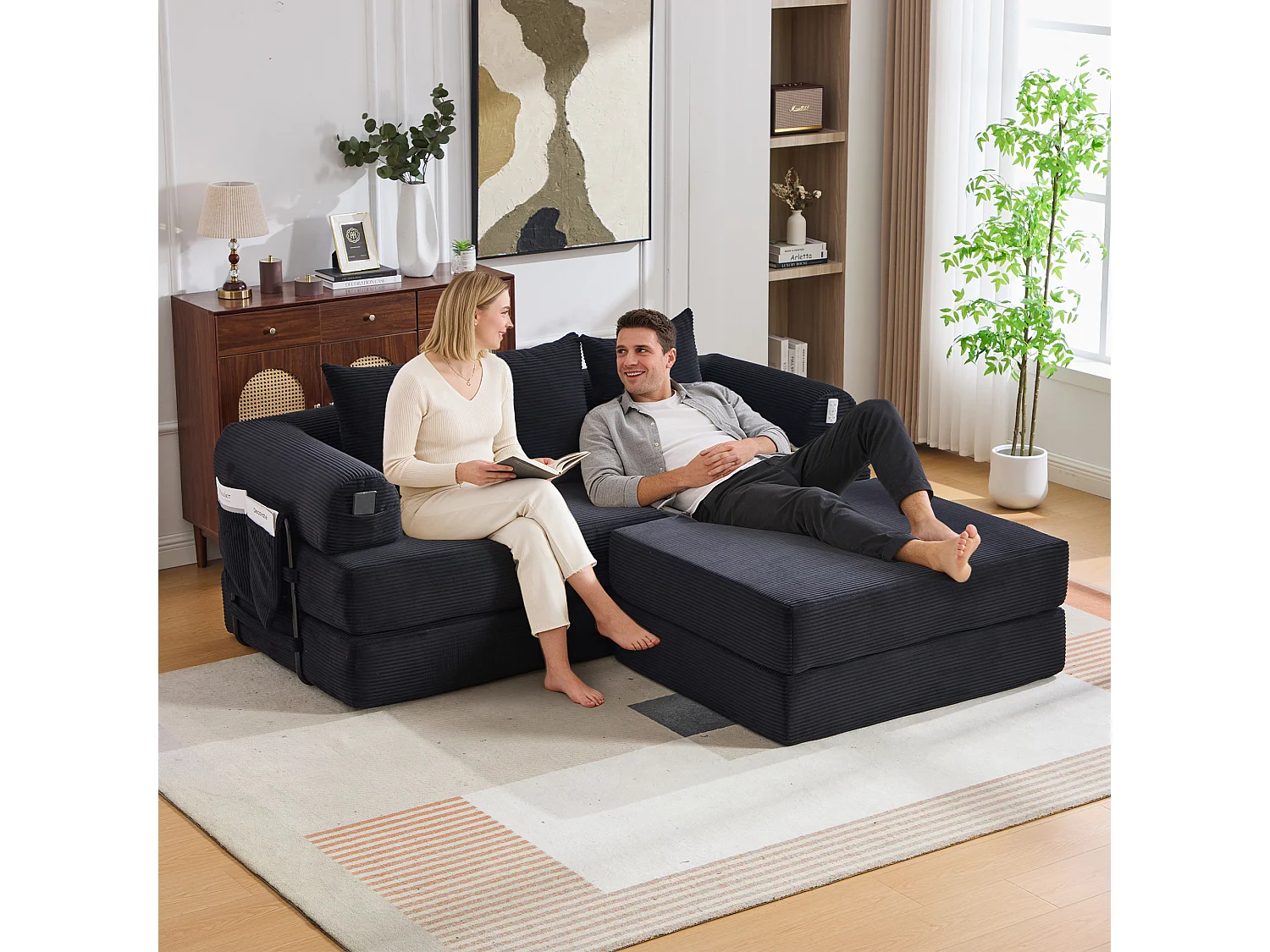 Modulares 3-Sitzer-Sofa – 200 x 190 x 67 cm – mit 3 Kissen + Seitentasche – Cord – schwarz