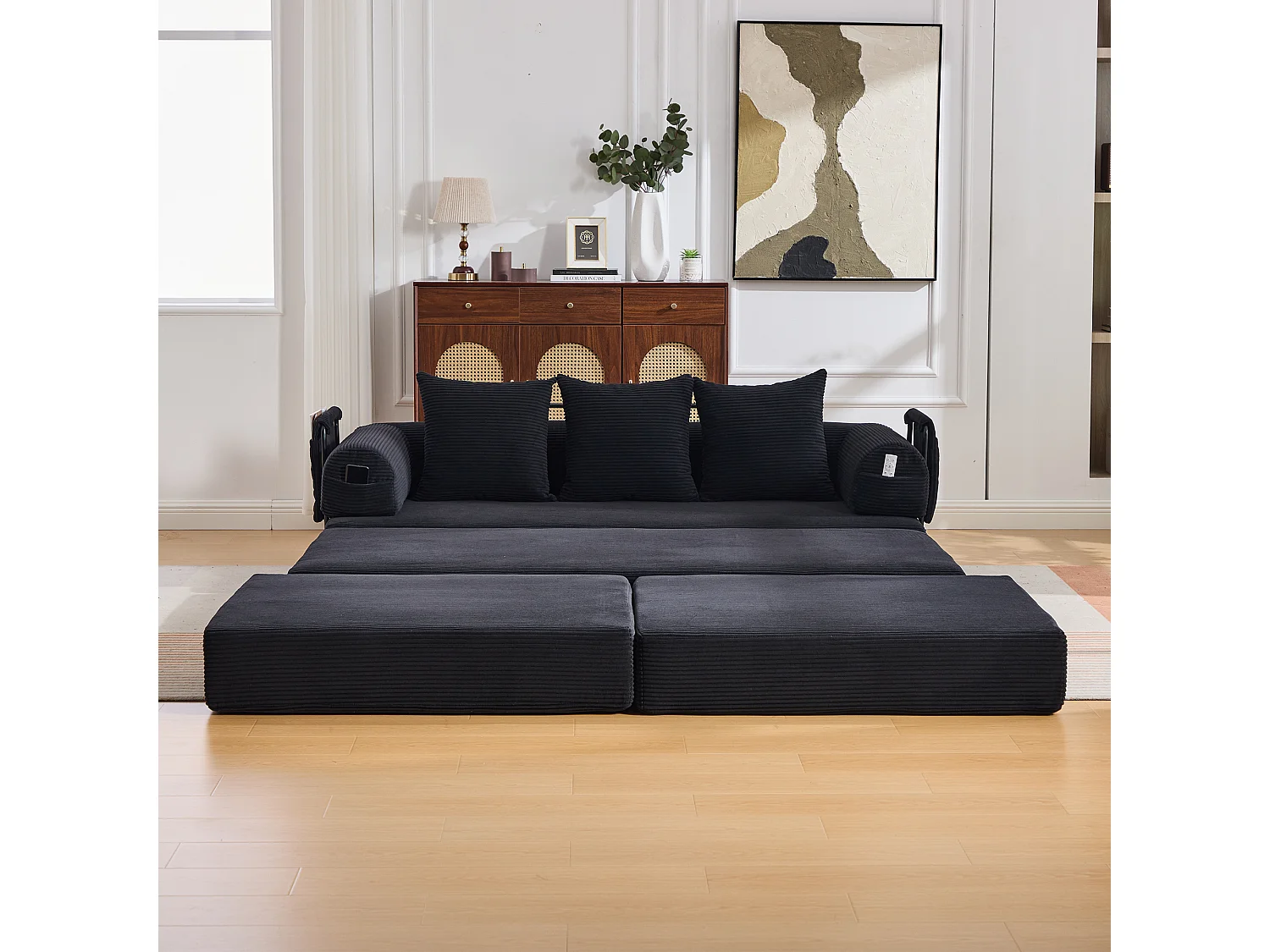 Modulares 3-Sitzer-Sofa – 200 x 190 x 67 cm – mit 3 Kissen + Seitentasche – Cord – schwarz