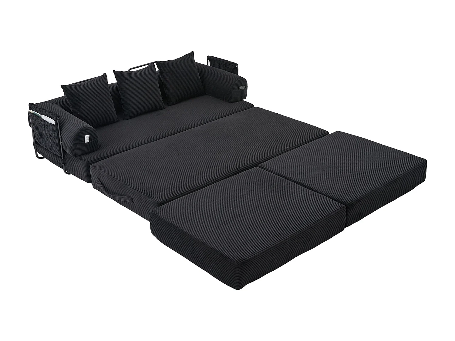 Modulares 3-Sitzer-Sofa – 200 x 190 x 67 cm – mit 3 Kissen + Seitentasche – Cord – schwarz