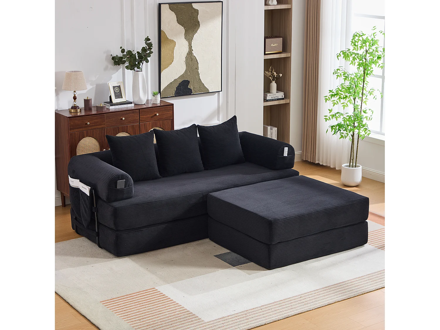 Modulares 3-Sitzer-Sofa – 200 x 190 x 67 cm – mit 3 Kissen + Seitentasche – Cord – schwarz