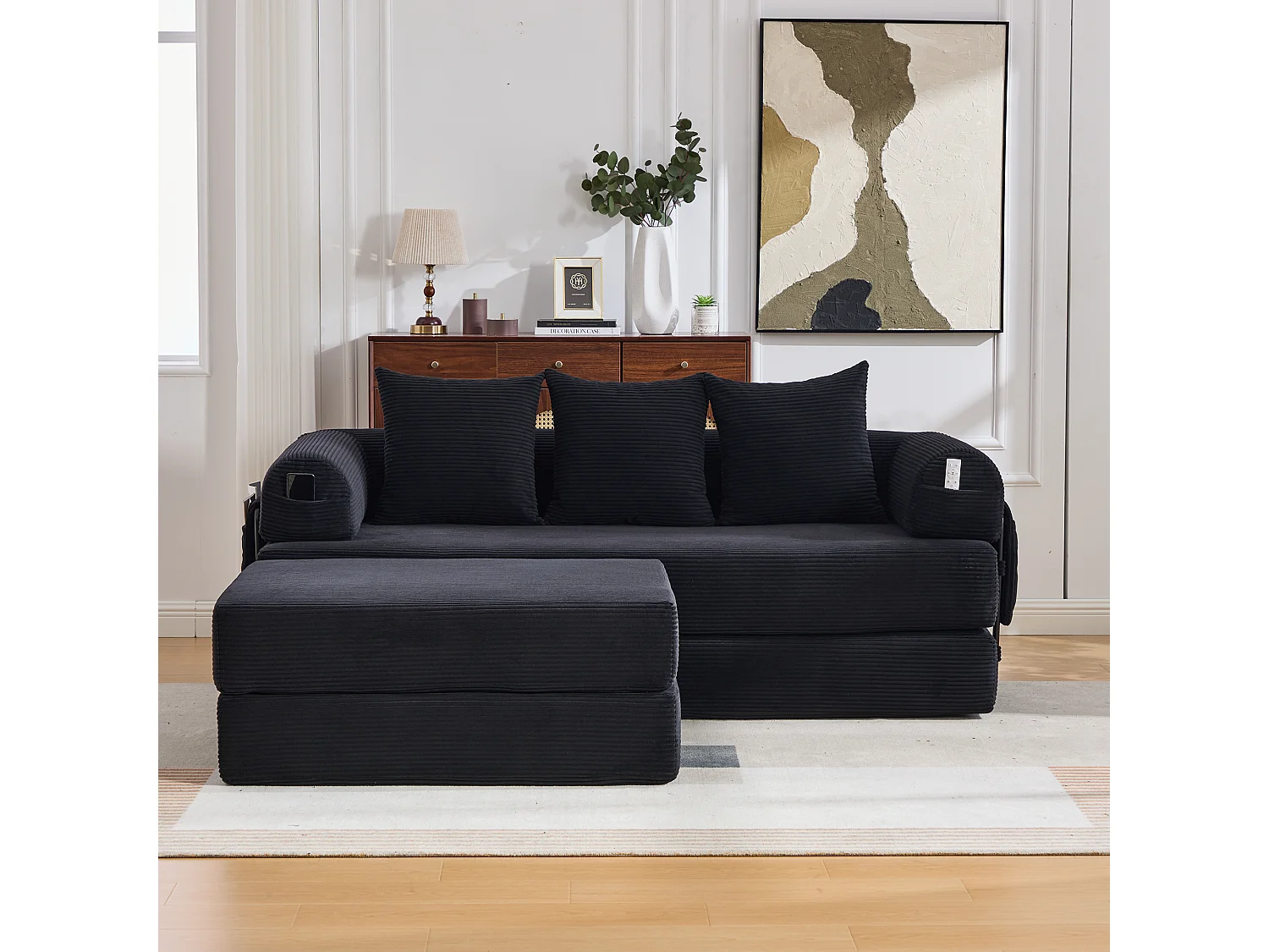 Modulares 3-Sitzer-Sofa – 200 x 190 x 67 cm – mit 3 Kissen + Seitentasche – Cord – schwarz