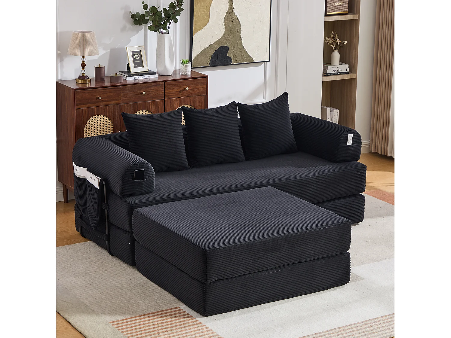 Modulares 3-Sitzer-Sofa – 200 x 190 x 67 cm – mit 3 Kissen + Seitentasche – Cord – schwarz