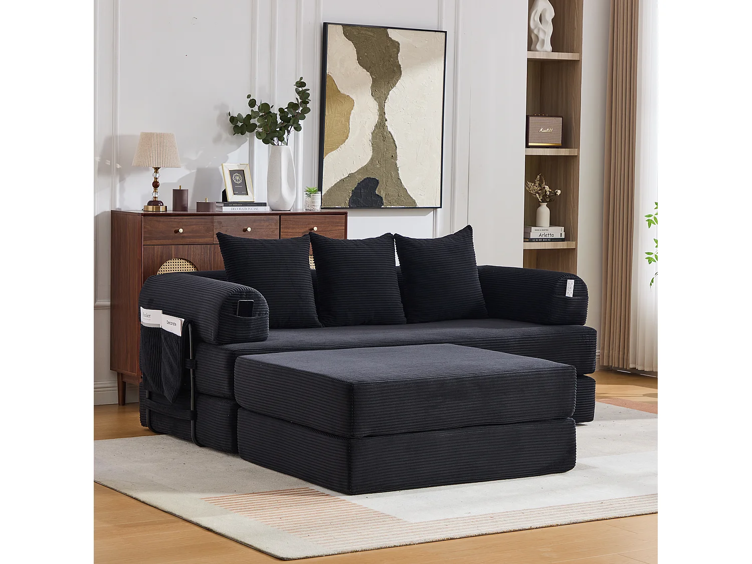 Modulares 3-Sitzer-Sofa – 200 x 190 x 67 cm – mit 3 Kissen + Seitentasche – Cord – schwarz