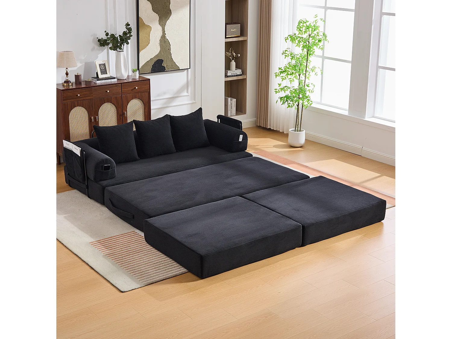 Modulares 3-Sitzer-Sofa – 200 x 190 x 67 cm – mit 3 Kissen + Seitentasche – Cord – schwarz