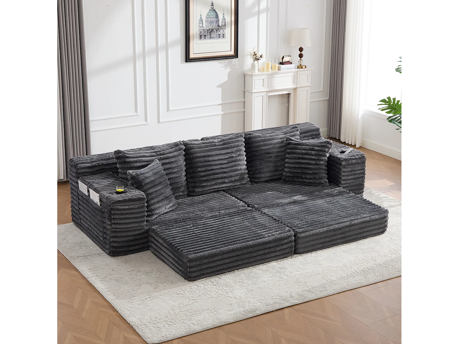Modulaire 2-zitsbank van corduroy - 107 x 38 x 34 cm - met kussens + opbergvakken + bekerhouders - donkergrijs