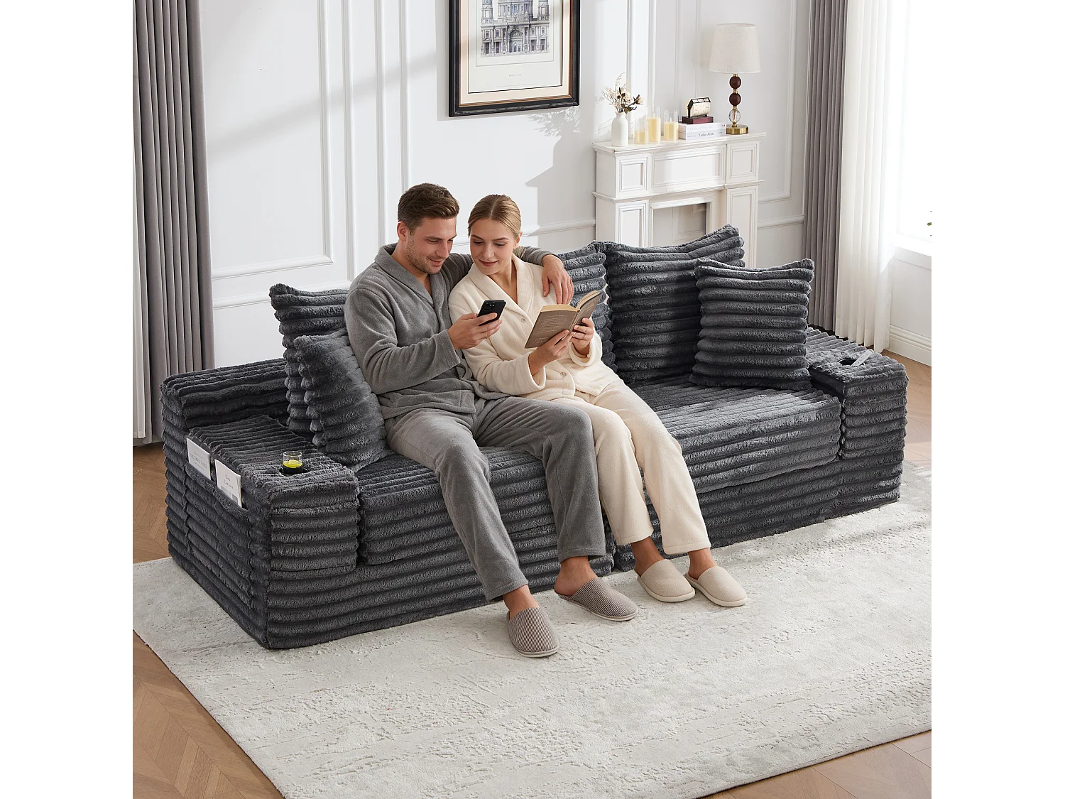 Modulaire 2-zitsbank van corduroy - 107 x 38 x 34 cm - met kussens + opbergvakken + bekerhouders - donkergrijs
