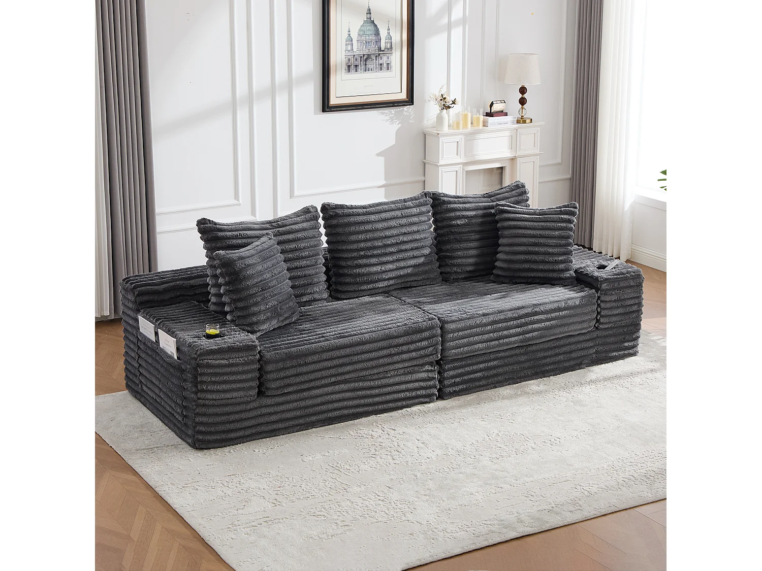 Modulaire 2-zitsbank van corduroy - 107 x 38 x 34 cm - met kussens + opbergvakken + bekerhouders - donkergrijs