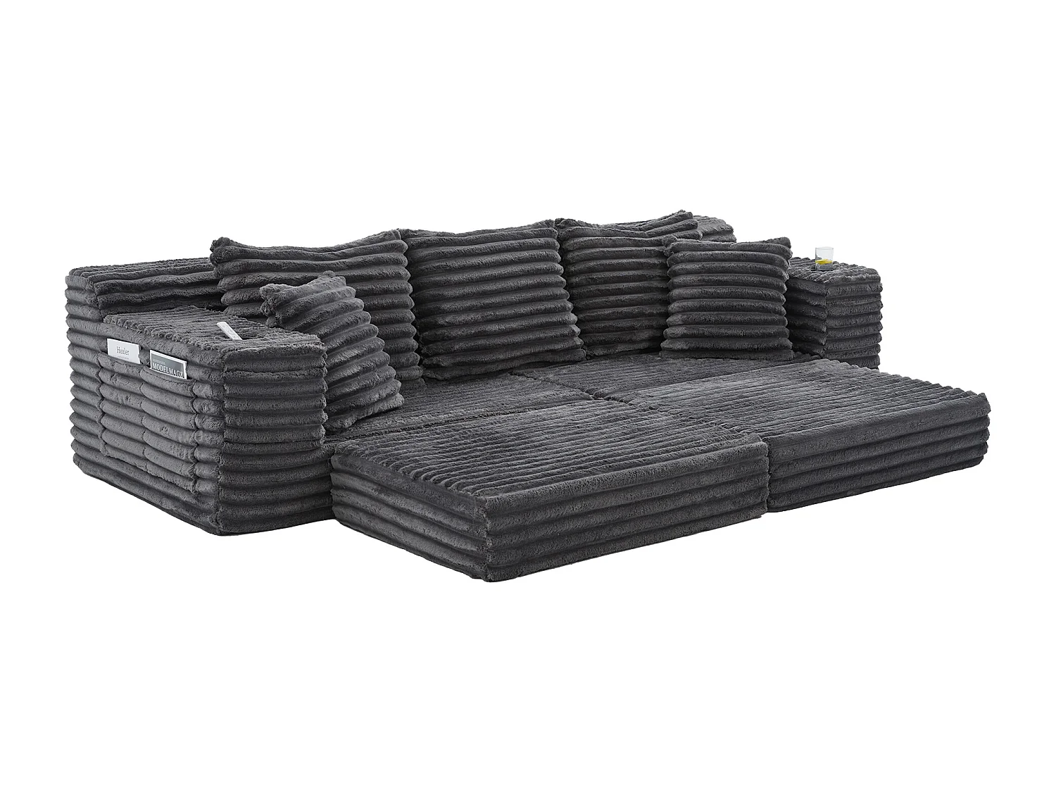 Modulaire 2-zitsbank van corduroy - 107 x 38 x 34 cm - met kussens + opbergvakken + bekerhouders - donkergrijs