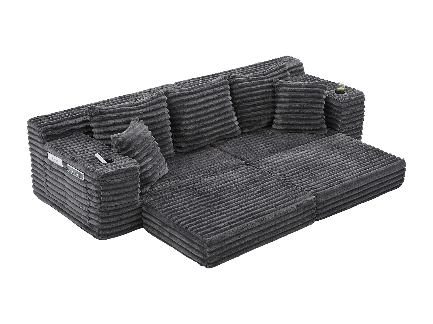 Modulaire 2-zitsbank van corduroy - 107 x 38 x 34 cm - met kussens + opbergvakken + bekerhouders - donkergrijs