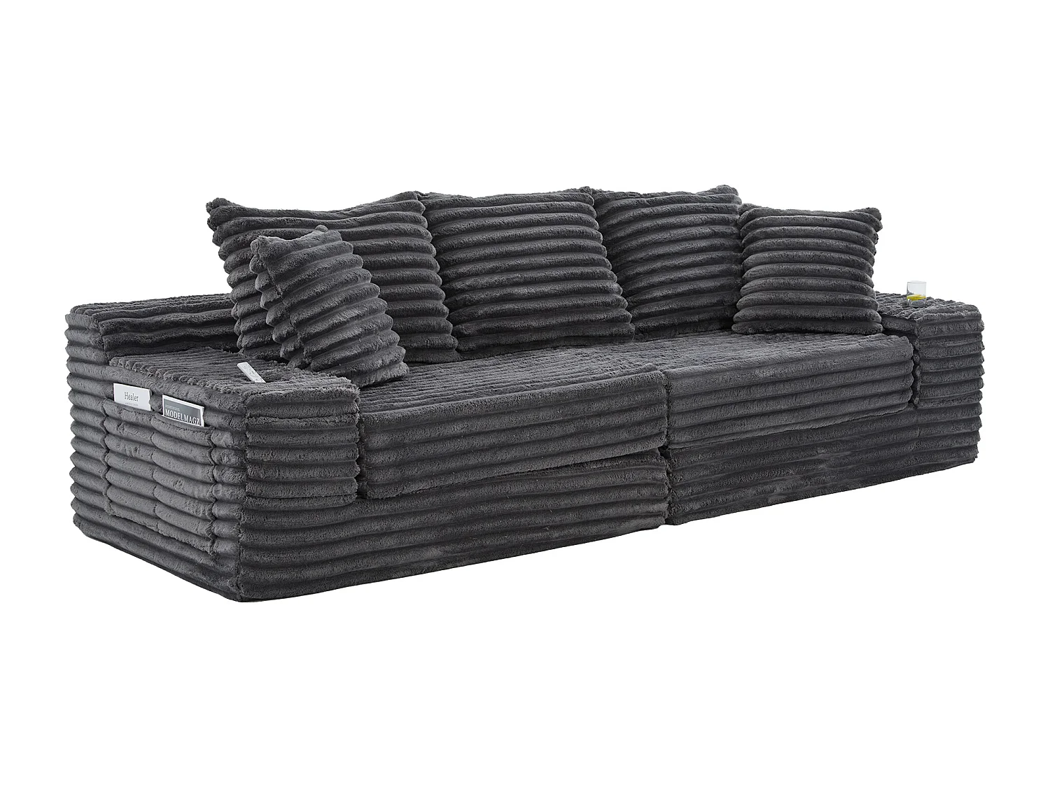 Modulaire 2-zitsbank van corduroy - 107 x 38 x 34 cm - met kussens + opbergvakken + bekerhouders - donkergrijs