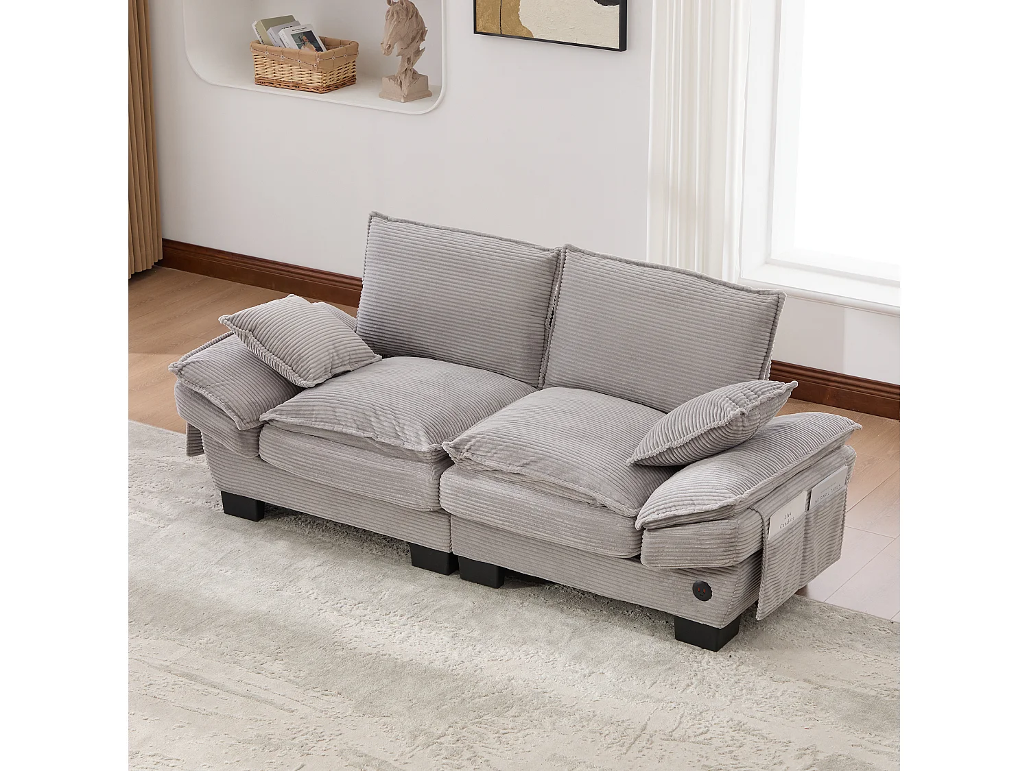 Sofá de 2 lugares em veludo cotelê - 190 x 73 x 84 cm - com porta USB e bolsos - estofamento em espuma - cinza claro