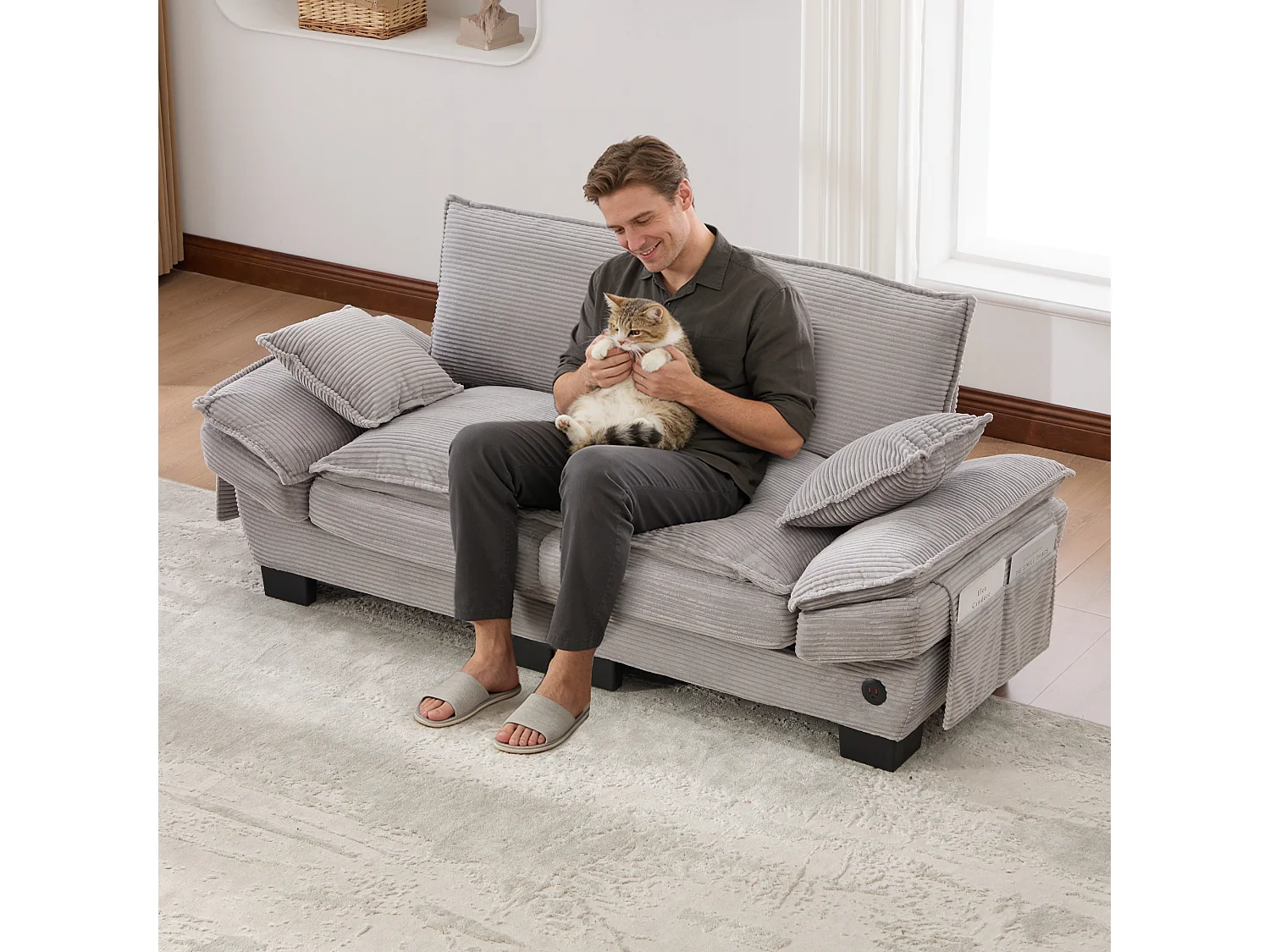 Sofá de 2 lugares em veludo cotelê - 190 x 73 x 84 cm - com porta USB e bolsos - estofamento em espuma - cinza claro