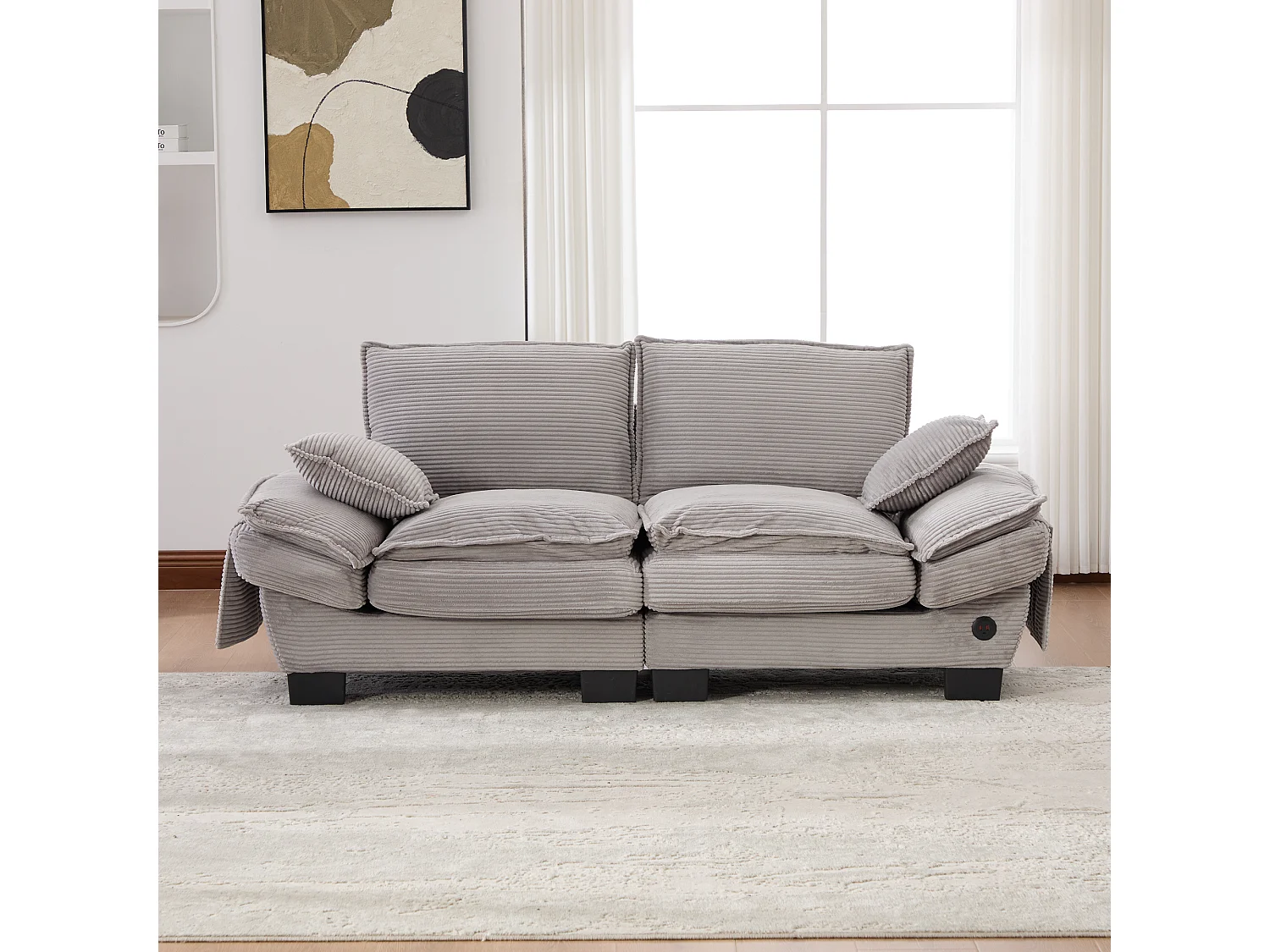 Sofá de 2 lugares em veludo cotelê - 190 x 73 x 84 cm - com porta USB e bolsos - estofamento em espuma - cinza claro