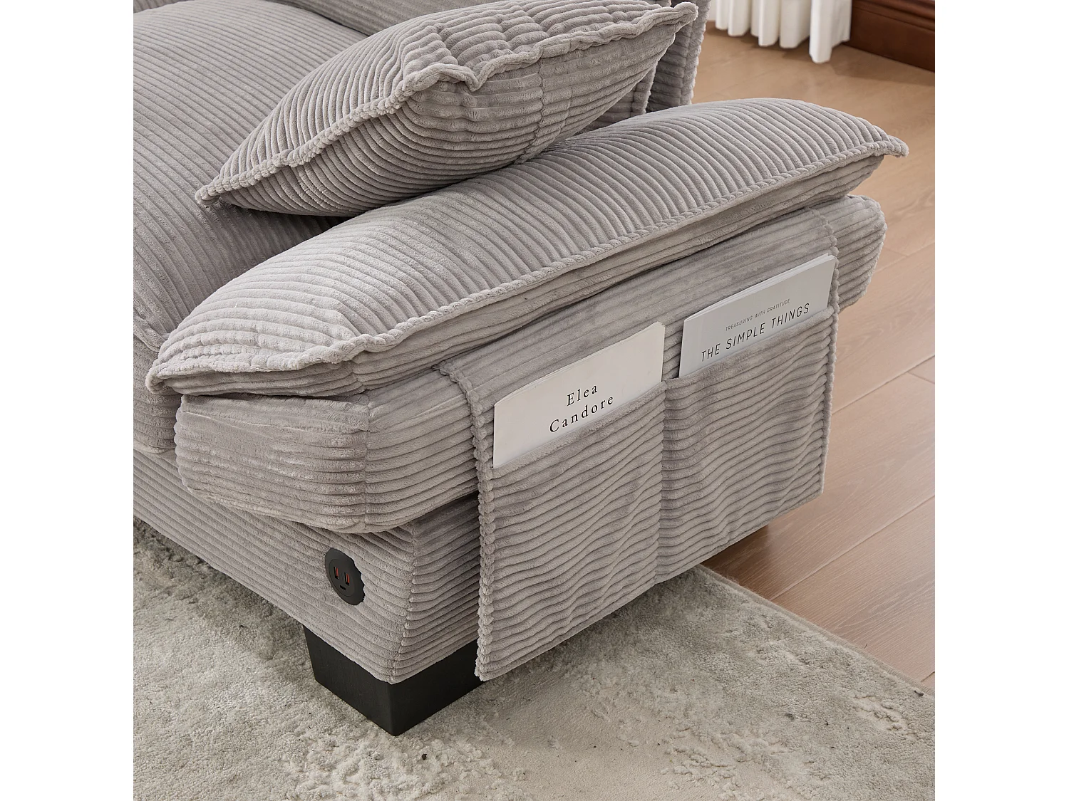 Sofá de 2 lugares em veludo cotelê - 190 x 73 x 84 cm - com porta USB e bolsos - estofamento em espuma - cinza claro