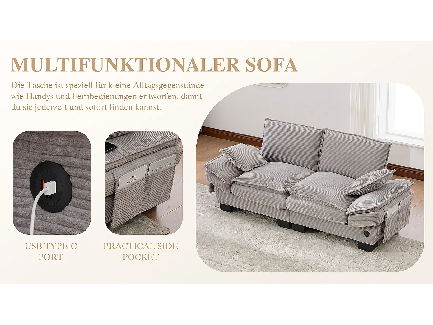 Sofá de 2 lugares em veludo cotelê - 190 x 73 x 84 cm - com porta USB e bolsos - estofamento em espuma - cinza claro