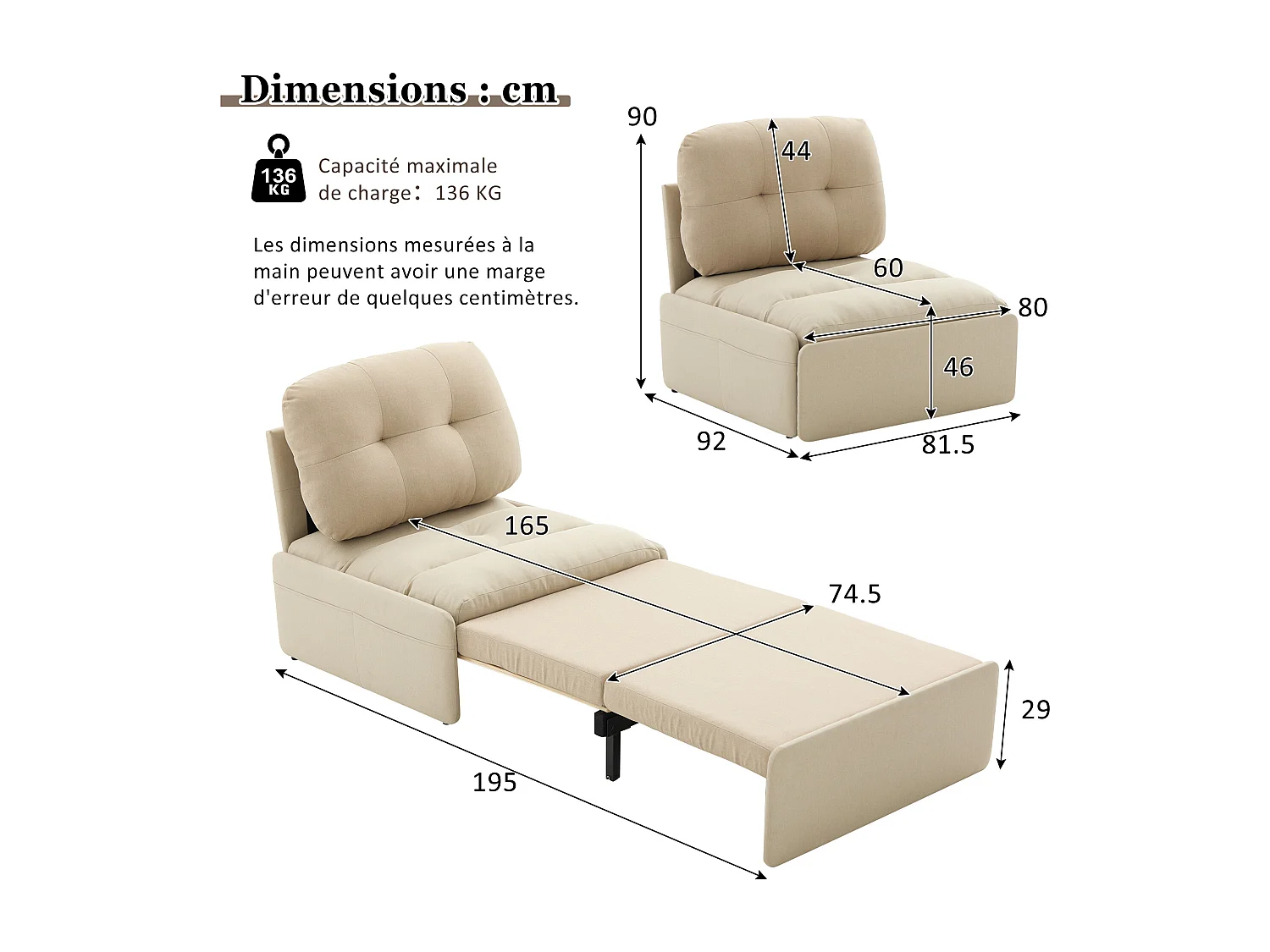 Canapé convertible moderne 2 en 1 - 195 x 81.5 x 90 cm - canapé-lit gigogne avec coussin - lin - beige